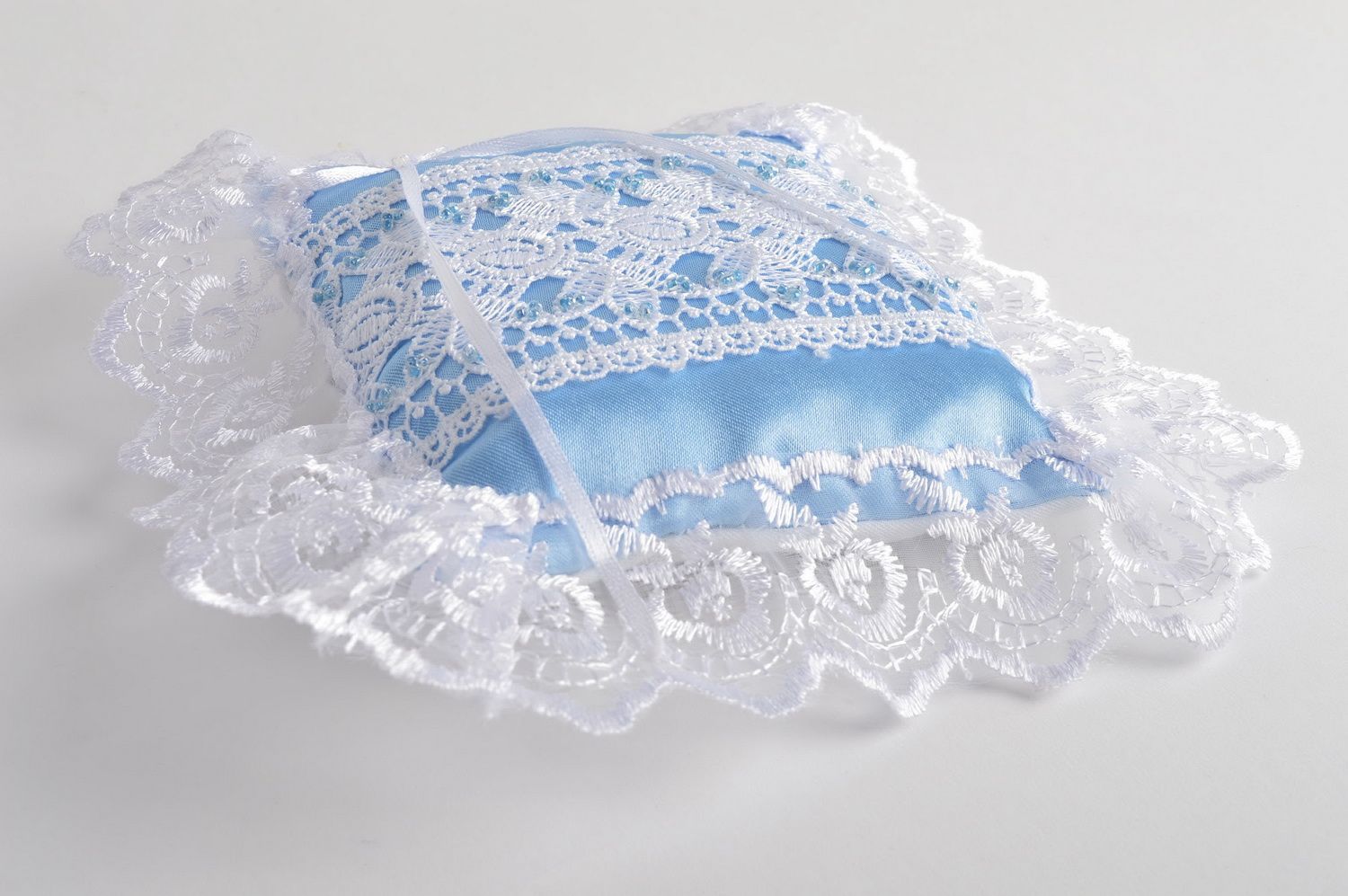 Beautiful blue handmade designer satin ring bearer pillow with lace photo 4