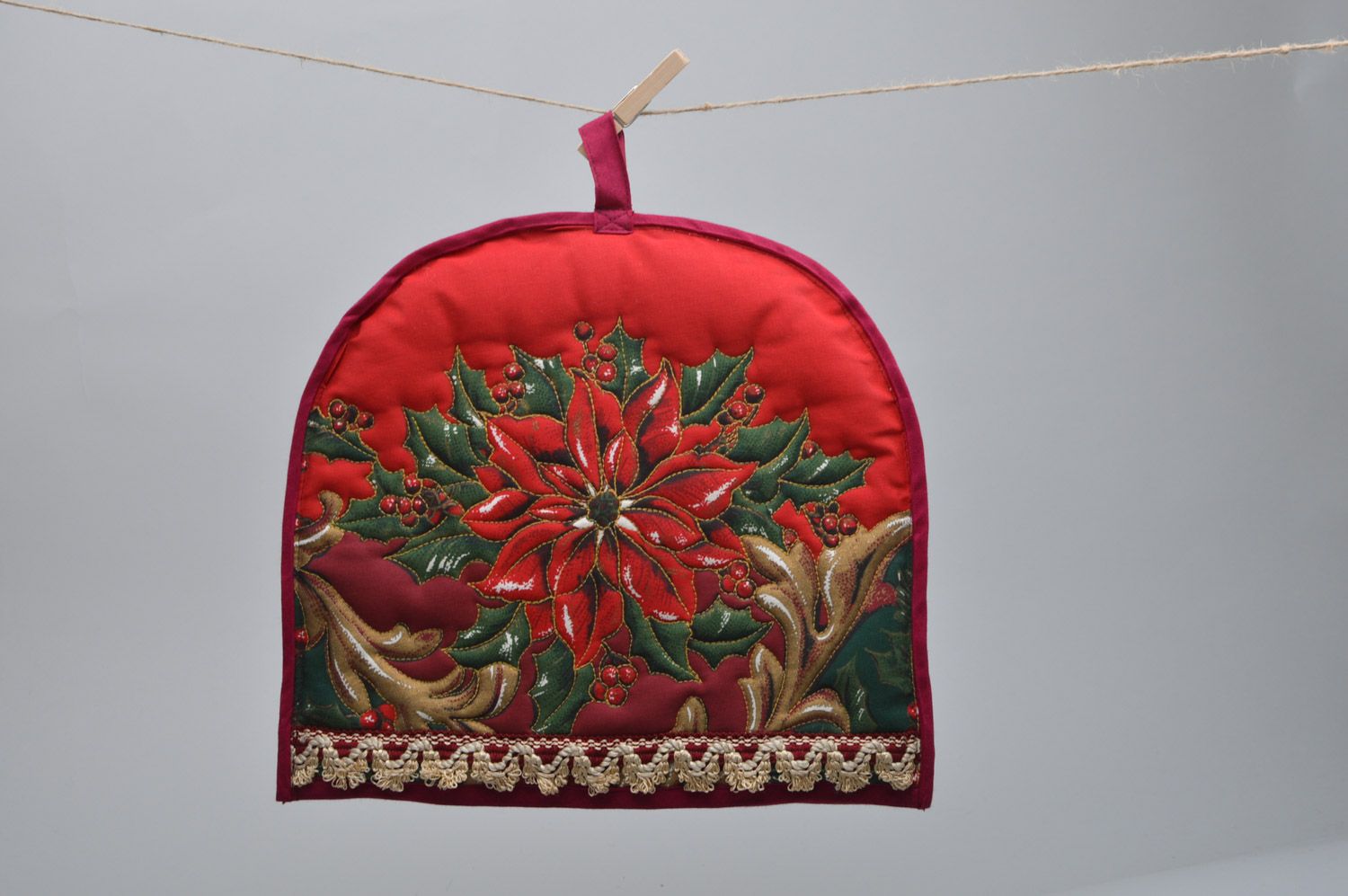 Beautiful handmade teapot cozy with Christmas motives sewn of cotton fabric  photo 5
