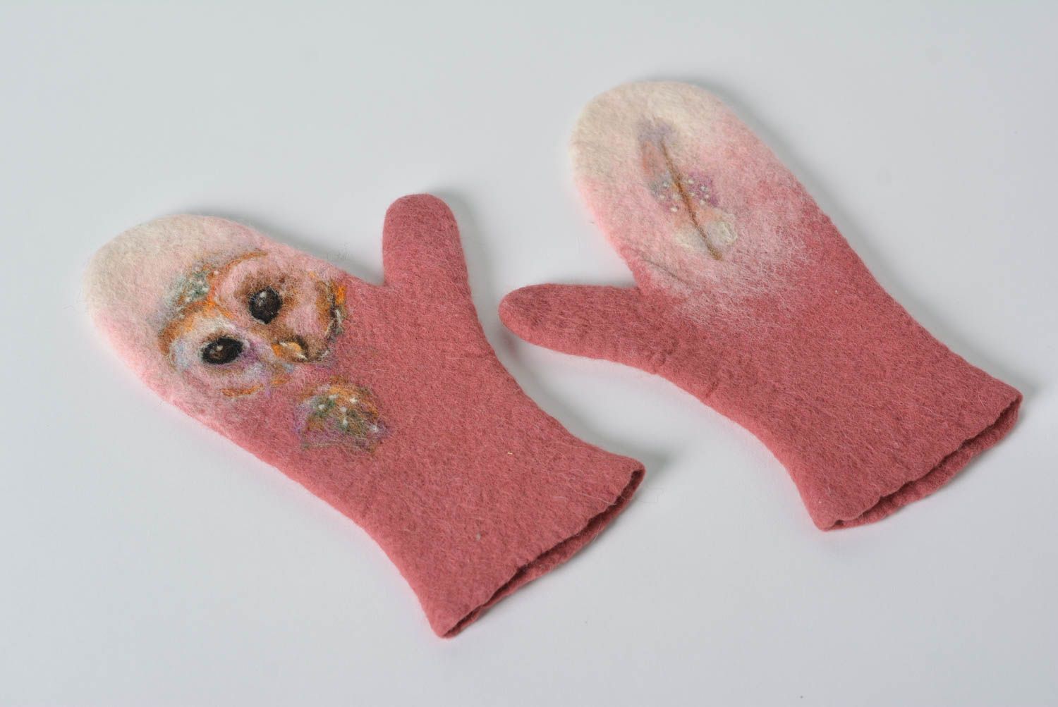 Felted mittens handmade mittens wool mittens mittens with a owl warm gloves  photo 1