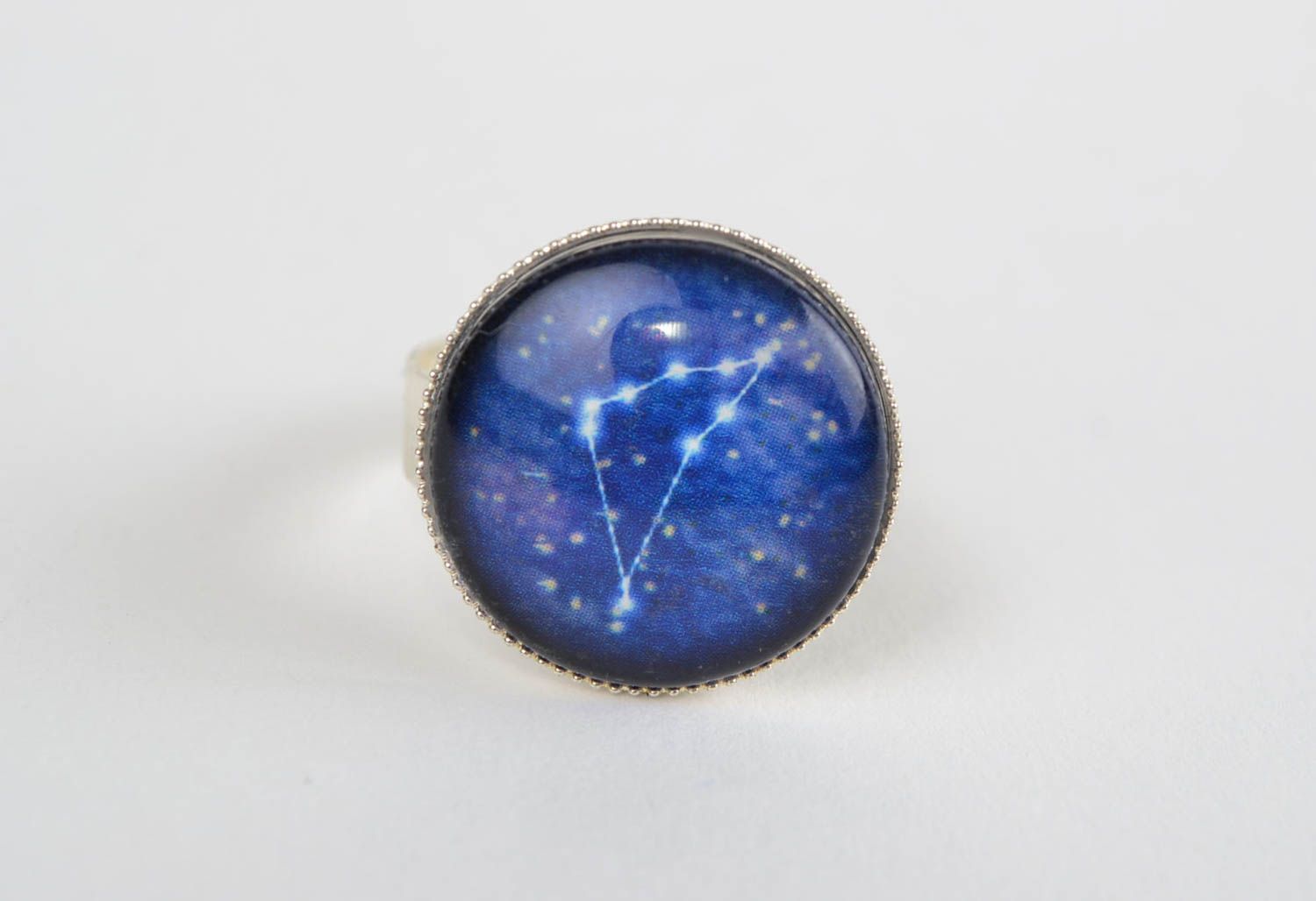 Beautiful handmade blue glass round top zodiac ring on metal basis Capricorn photo 2