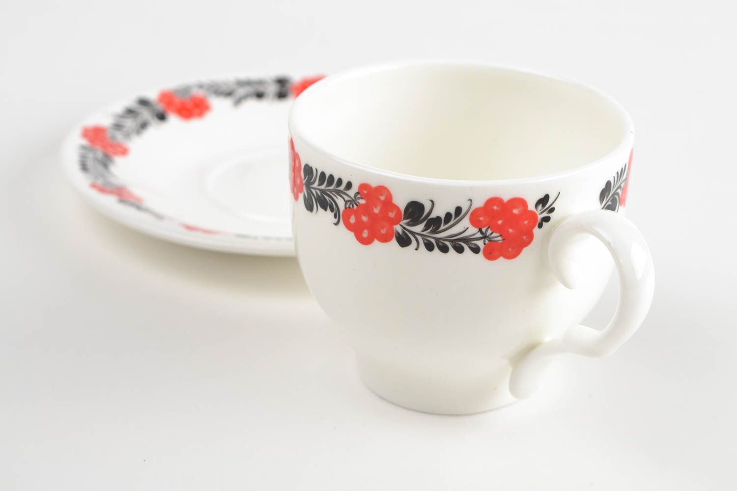 Porcelain 8 oz cup in Japanese floral pattern with saucer and handle photo 3
