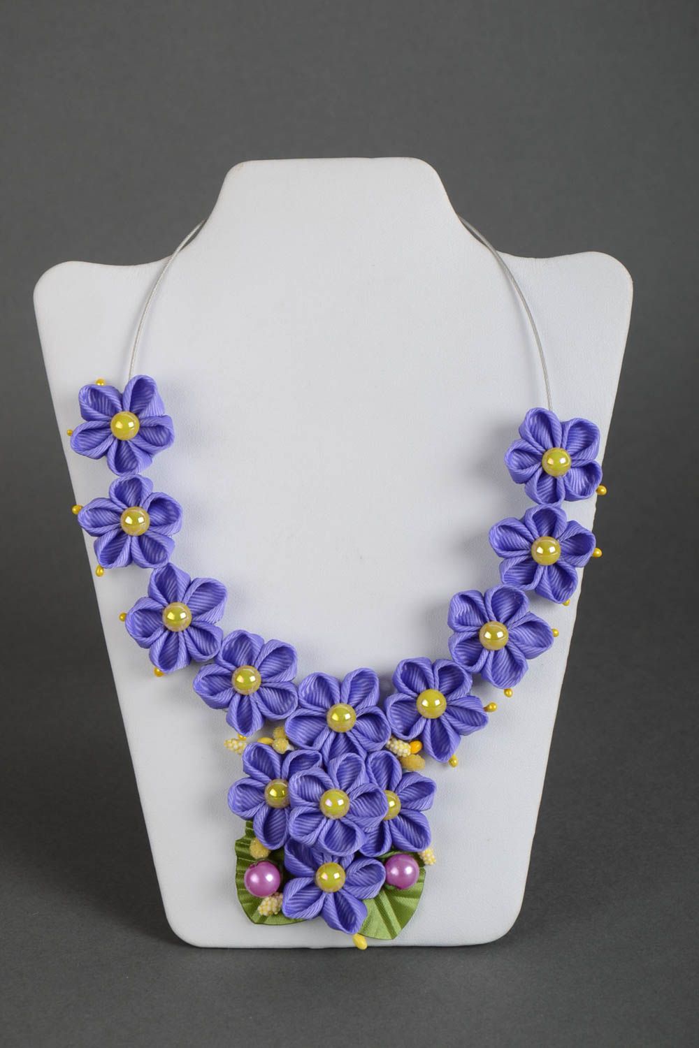 Handmade designer necklace with violet rep ribbon kanzashi flowers and beads photo 2