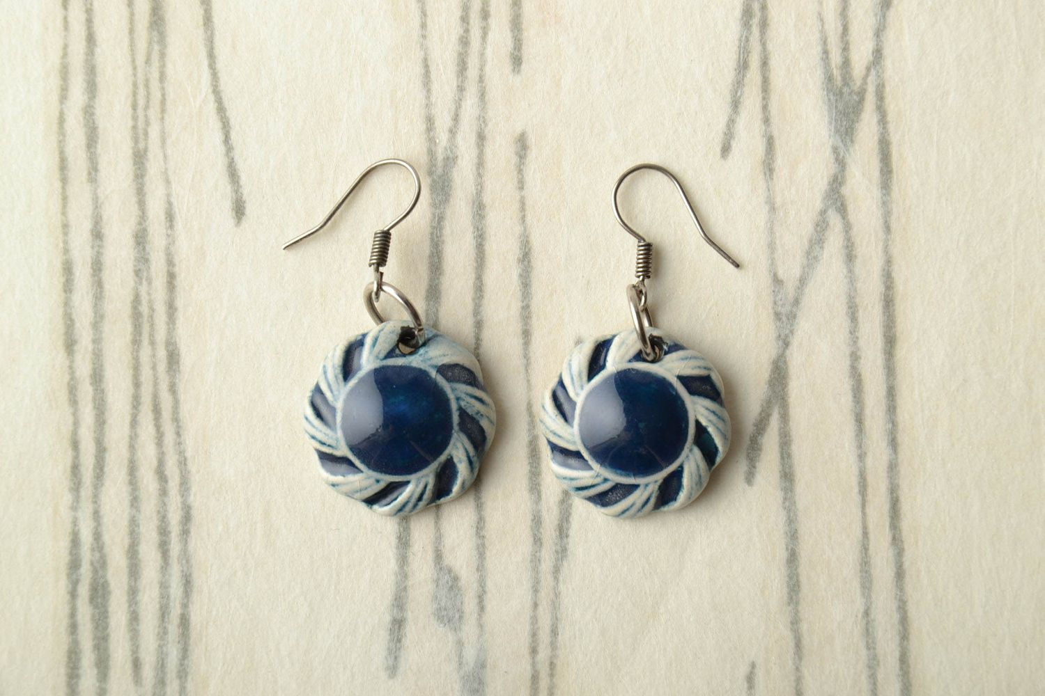 Handmade blue round clay earrings painted with color enamels photo 1