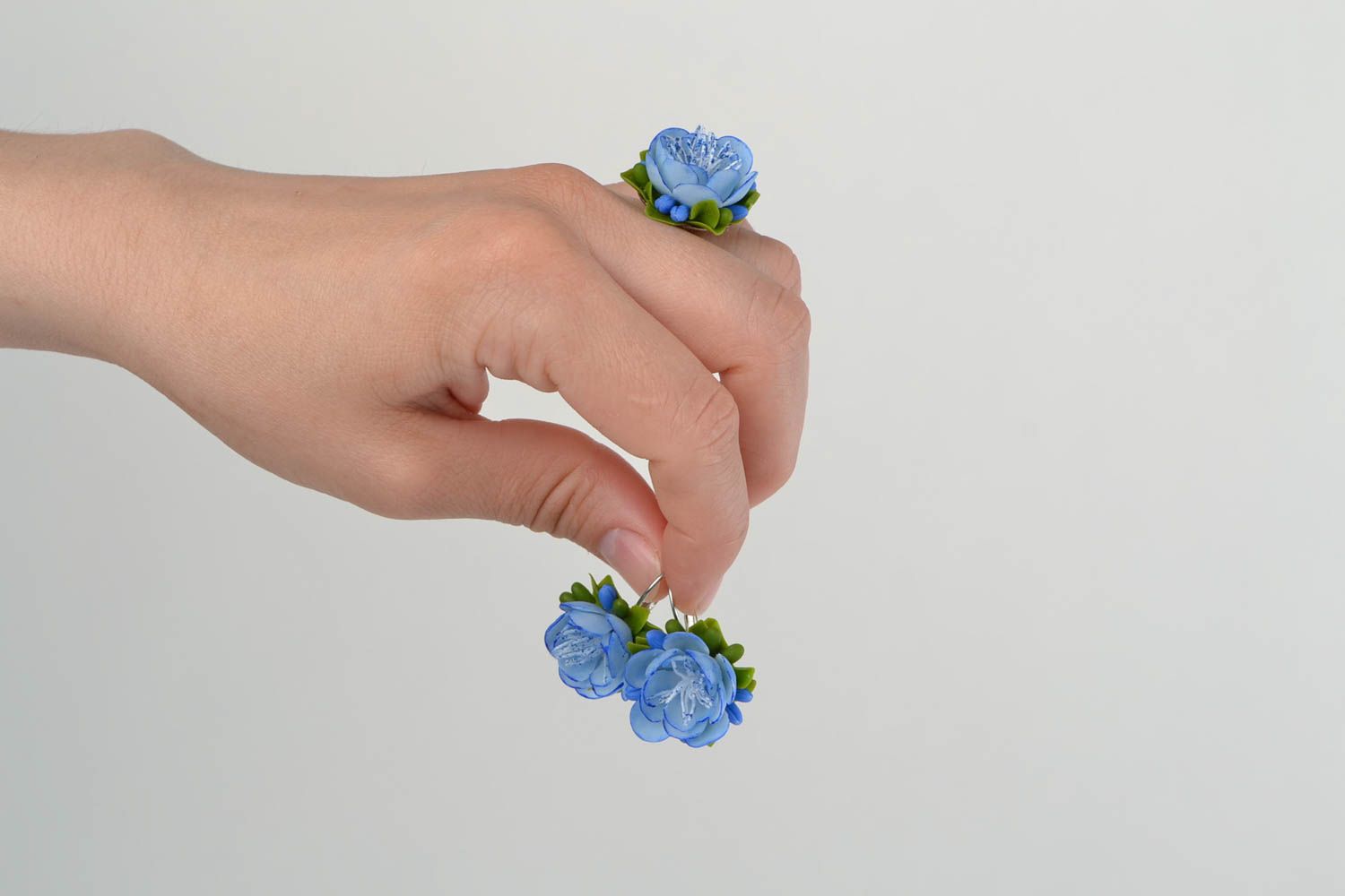 Blumen Schmuck Set aus Porzellan in Blau Ohrringe und Ring schön handgemacht foto 1