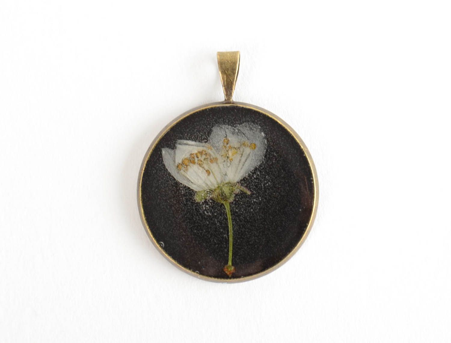 Handmade dark round pendant with natural flowers in epoxy resin without chain photo 5
