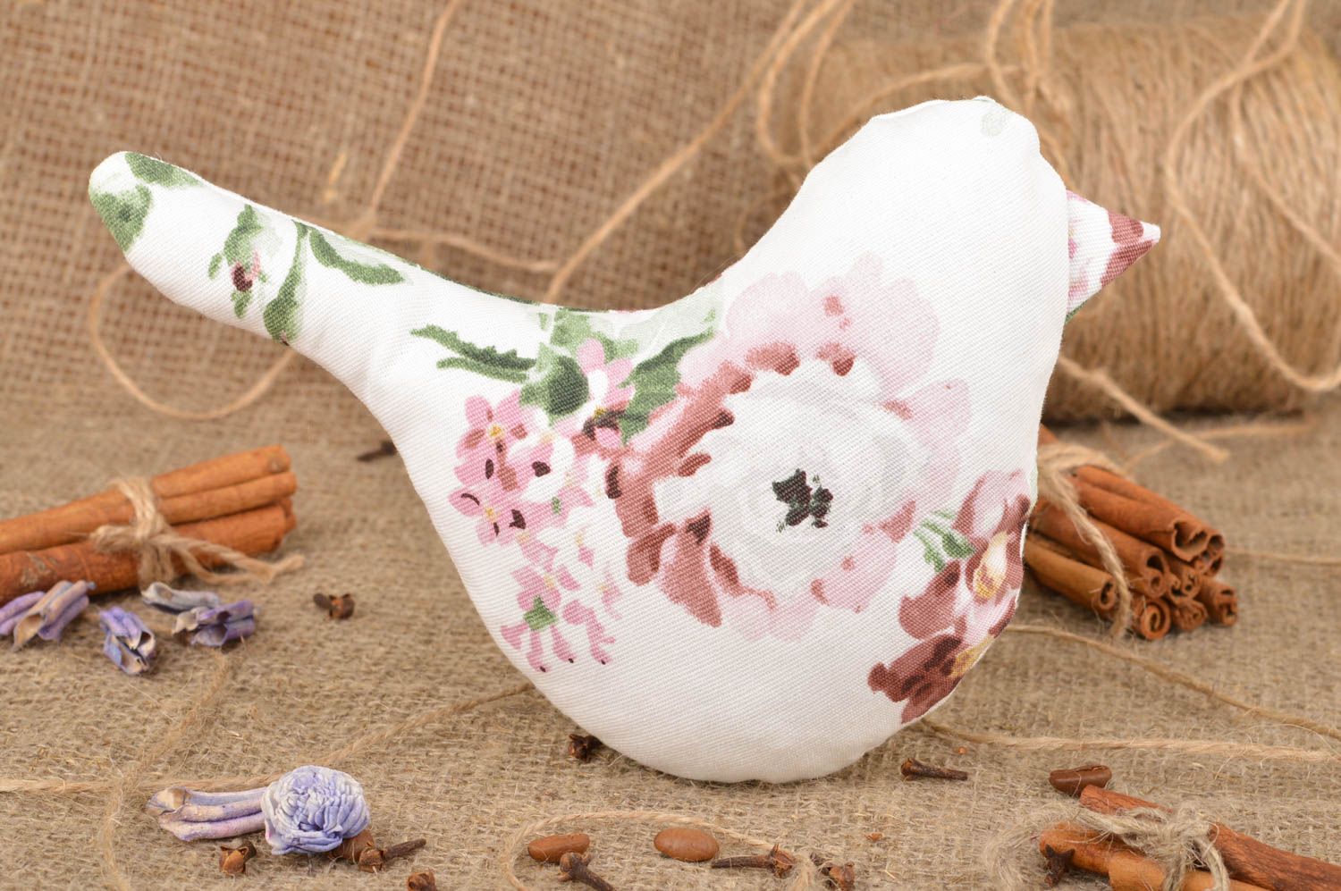 Handmade small interior soft toy bird sewn of cotton fabric with floral pattern  photo 1