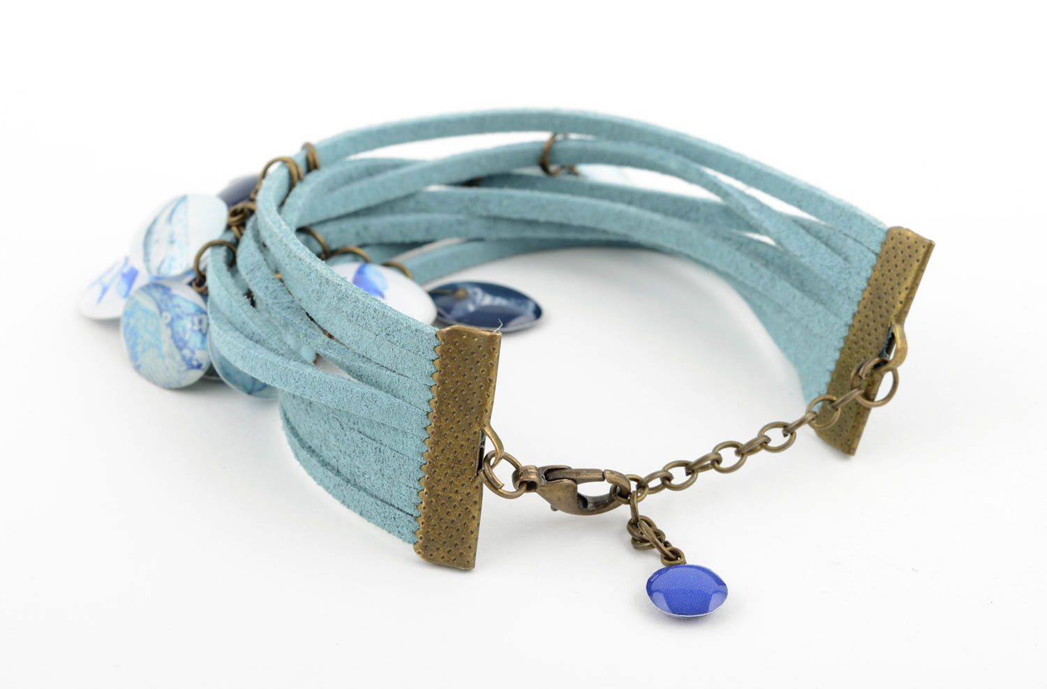 Gros bracelet Bijou fait main large bleu en daim avec breloques Cadeau femme photo 4