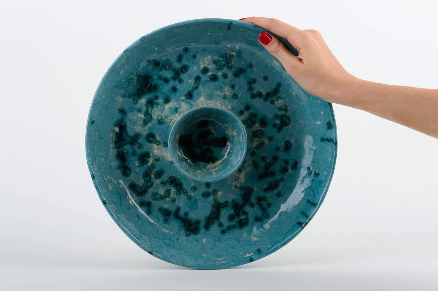 Handmade Keramik Teller bemalt Ton Geschirr Küchen Deko künstlerisch blau foto 2