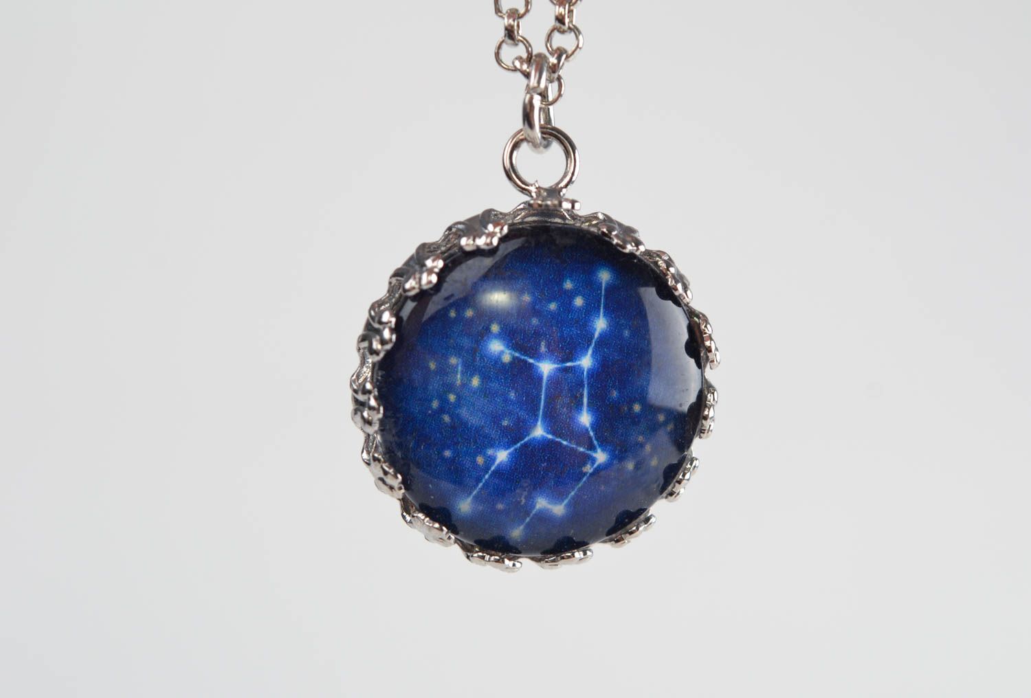 Designer handmade round blue glass pendant with Virgo constellation on chain photo 4
