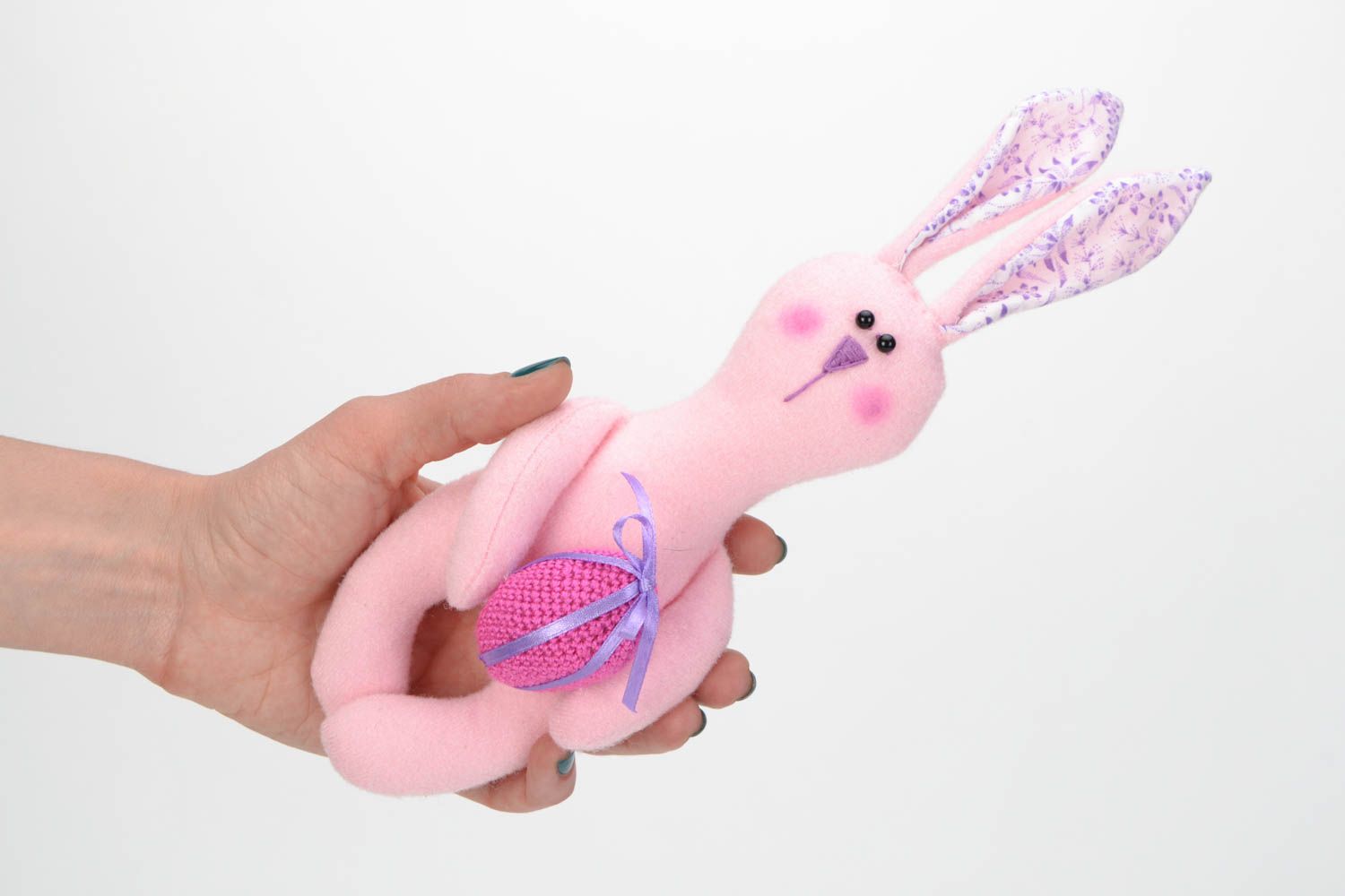 Handmade soft toy Pink Rabbit with crochet soft heart for children photo 2