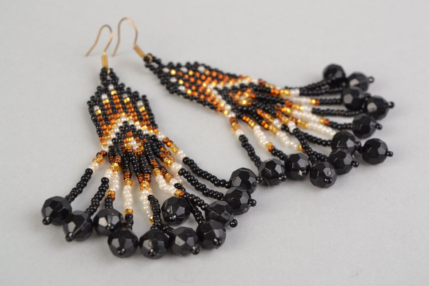 Handmade beaded evening earrings with fringe and crystal beads for long dress photo 5