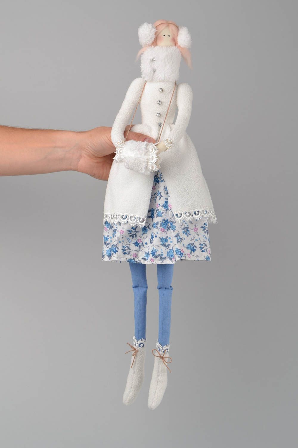 Handmade designer fabric soft doll elegant girl in white coat with muff photo 2
