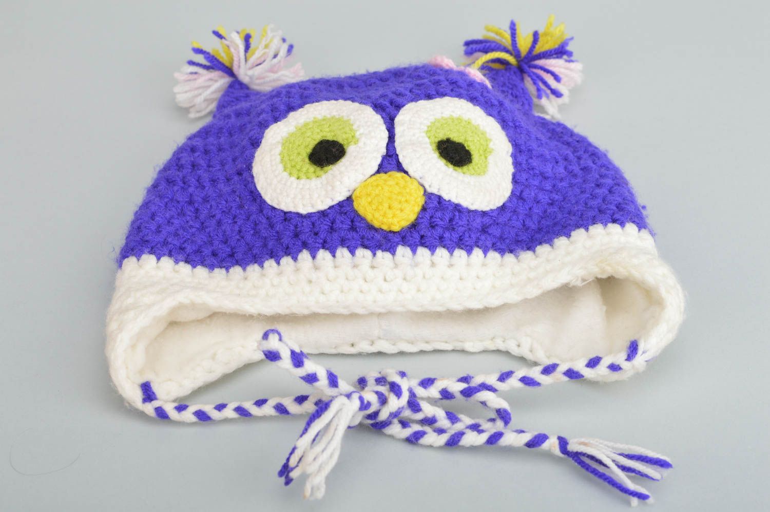 Handmade funny baby's warm hat crocheted of cotton and woolen threads blue owl photo 2