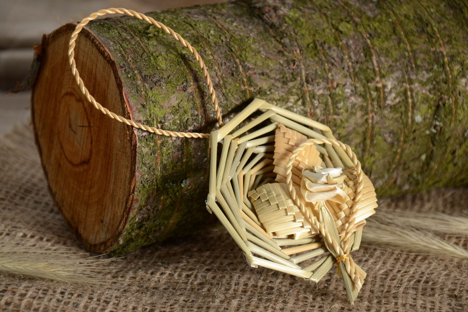 Handmade unusual natural straw woven Christmas tree decoration in eco style photo 1