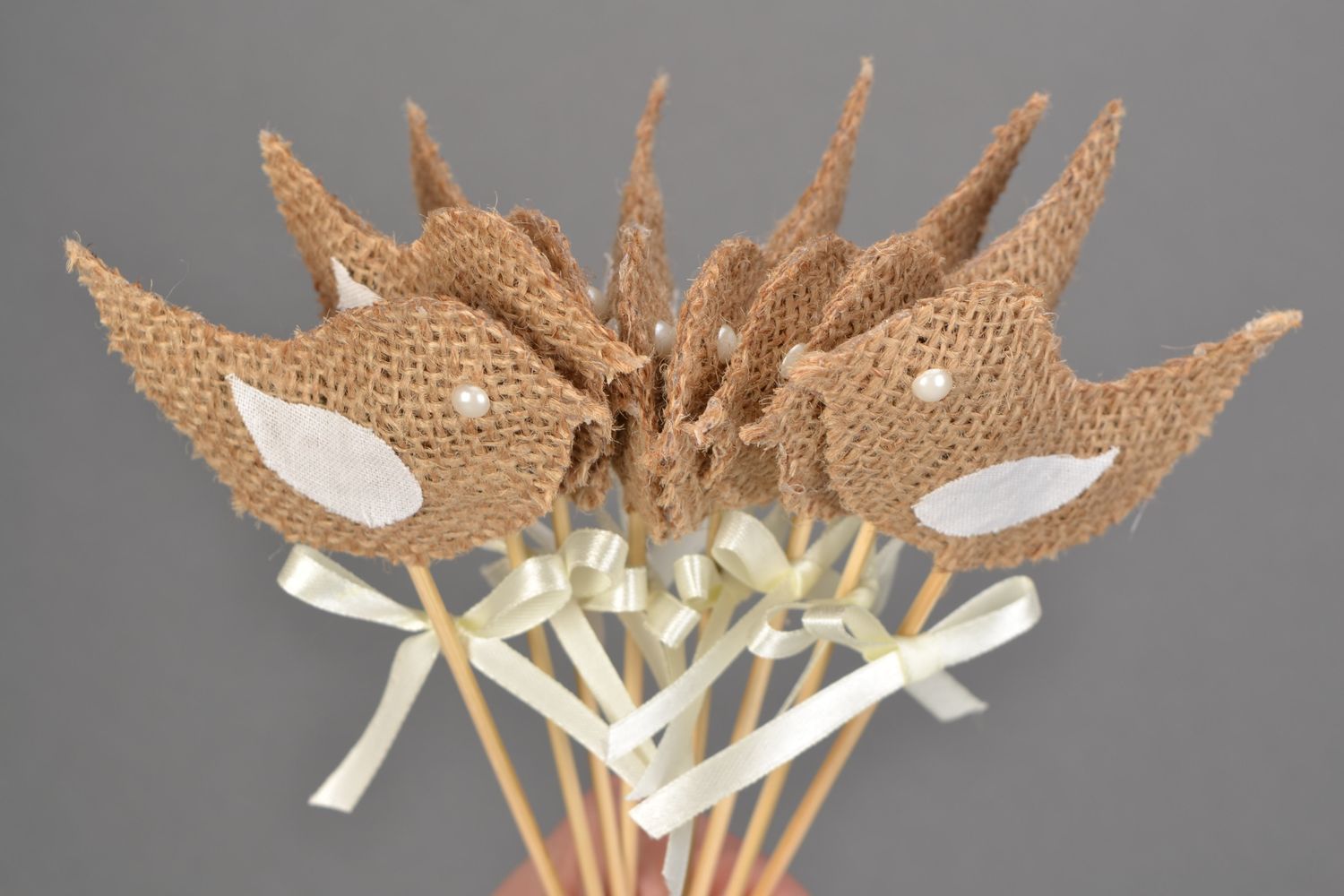 Set of 3 handmade flowerpot fabric decorations birds with satin bows on sticks photo 5