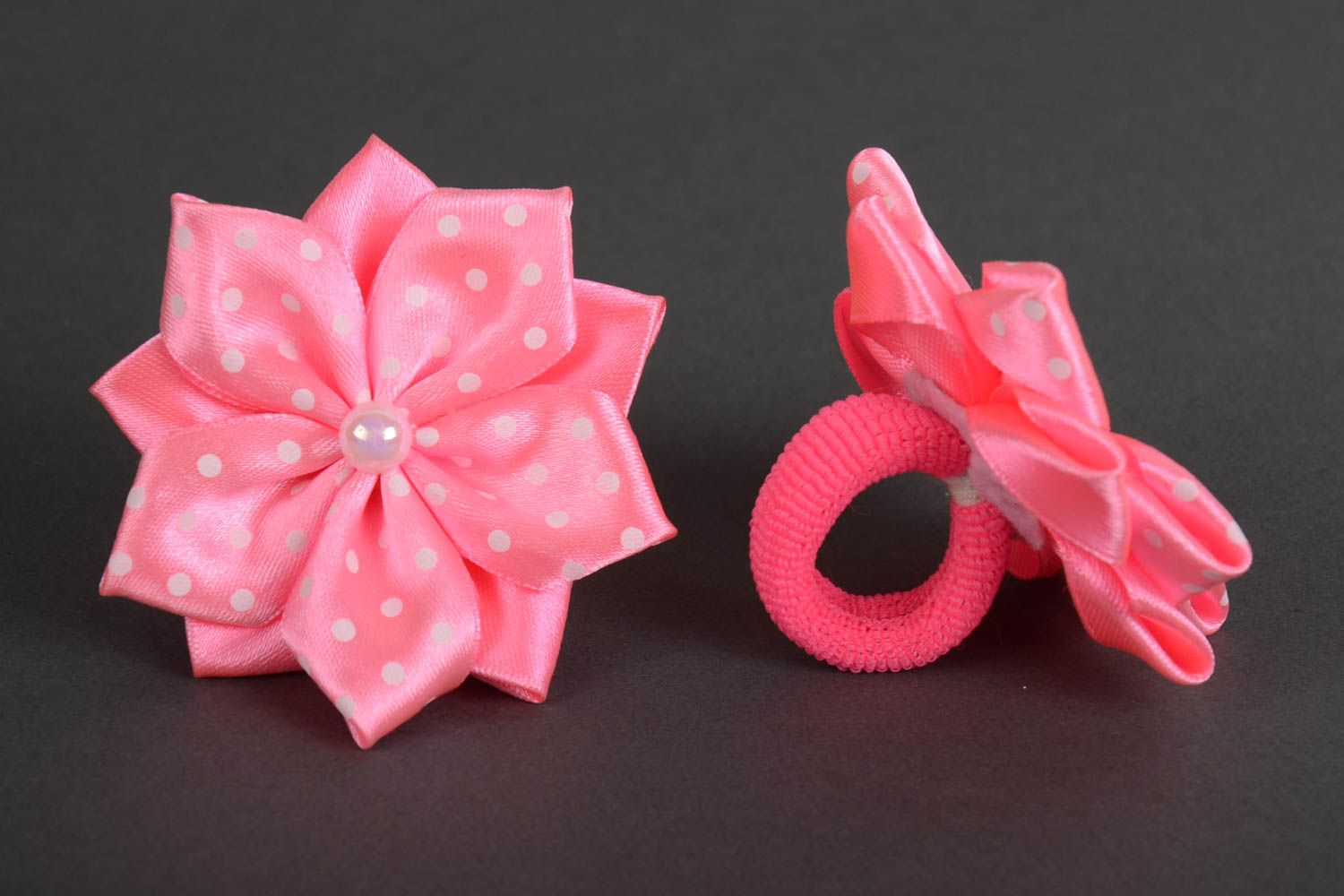 Set of 2 homemade decorative hair ties with pink kanzashi flowers for girls photo 4