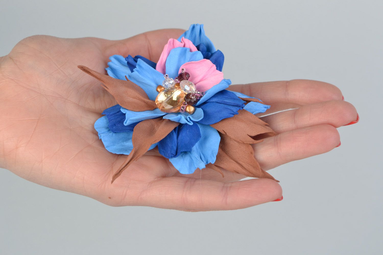 Handmade designer hair clip brooch with foamiran flower in blue and brown colors photo 2