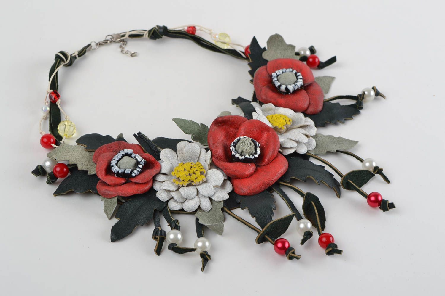 Blumen Collier aus Leder und Perlen ungewöhnlich stilvoll handgemacht schön toll foto 3