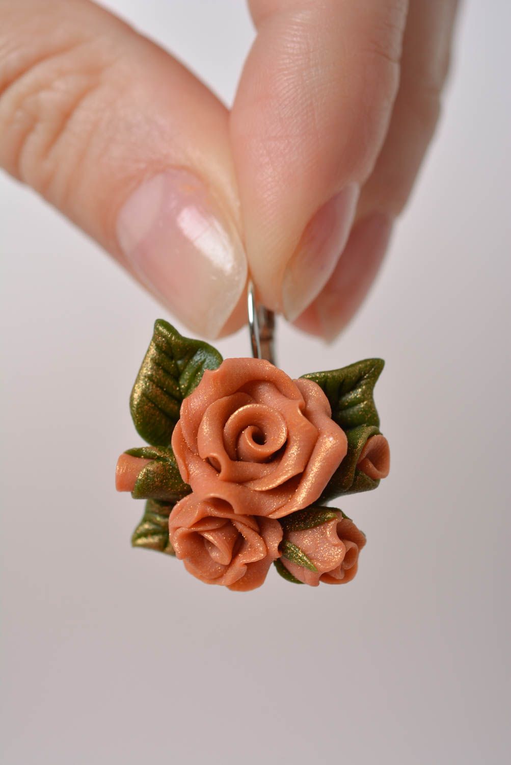 Set of handmade polymer clay jewelry earrings and bracelet with flowers photo 3