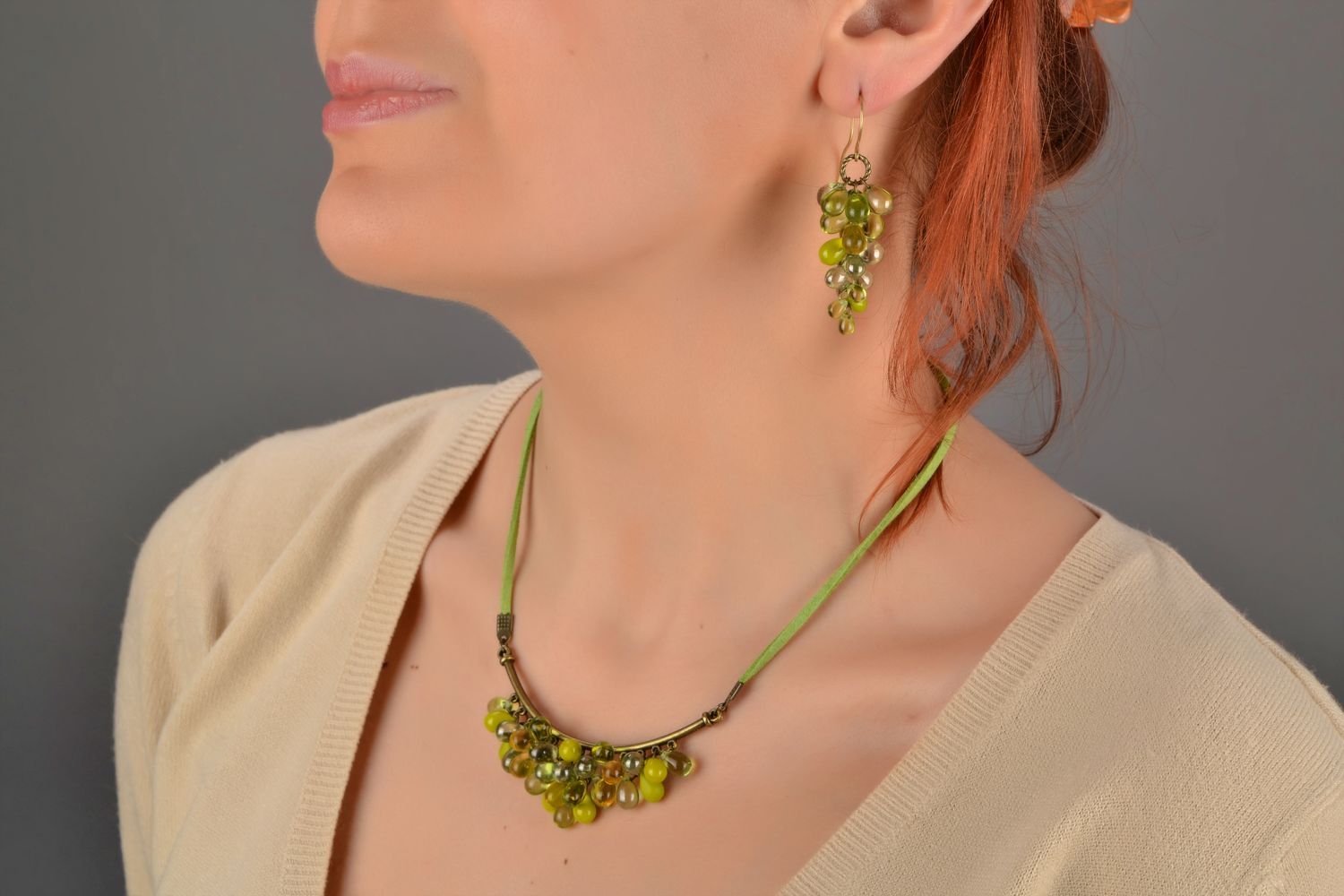 Handmade designer long glass bead earrings Green Grapes  photo 2