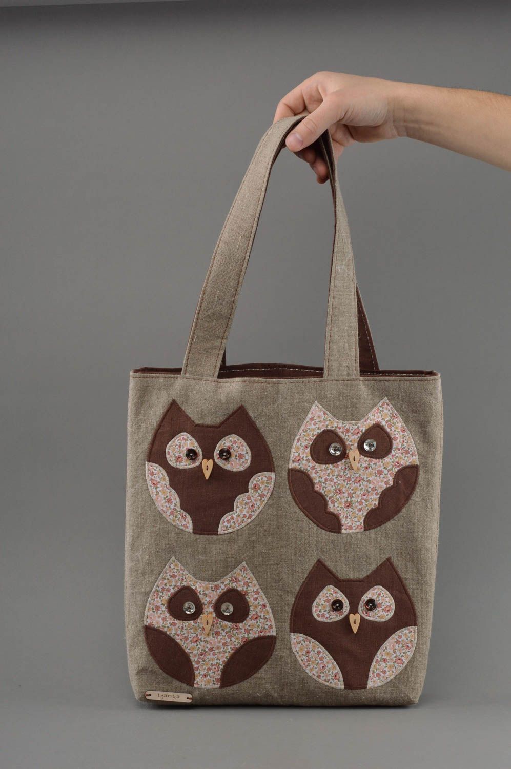 Handgemachte Stoff Tasche mit Eulen aus Baumwolle originell mit Applikation  foto 4