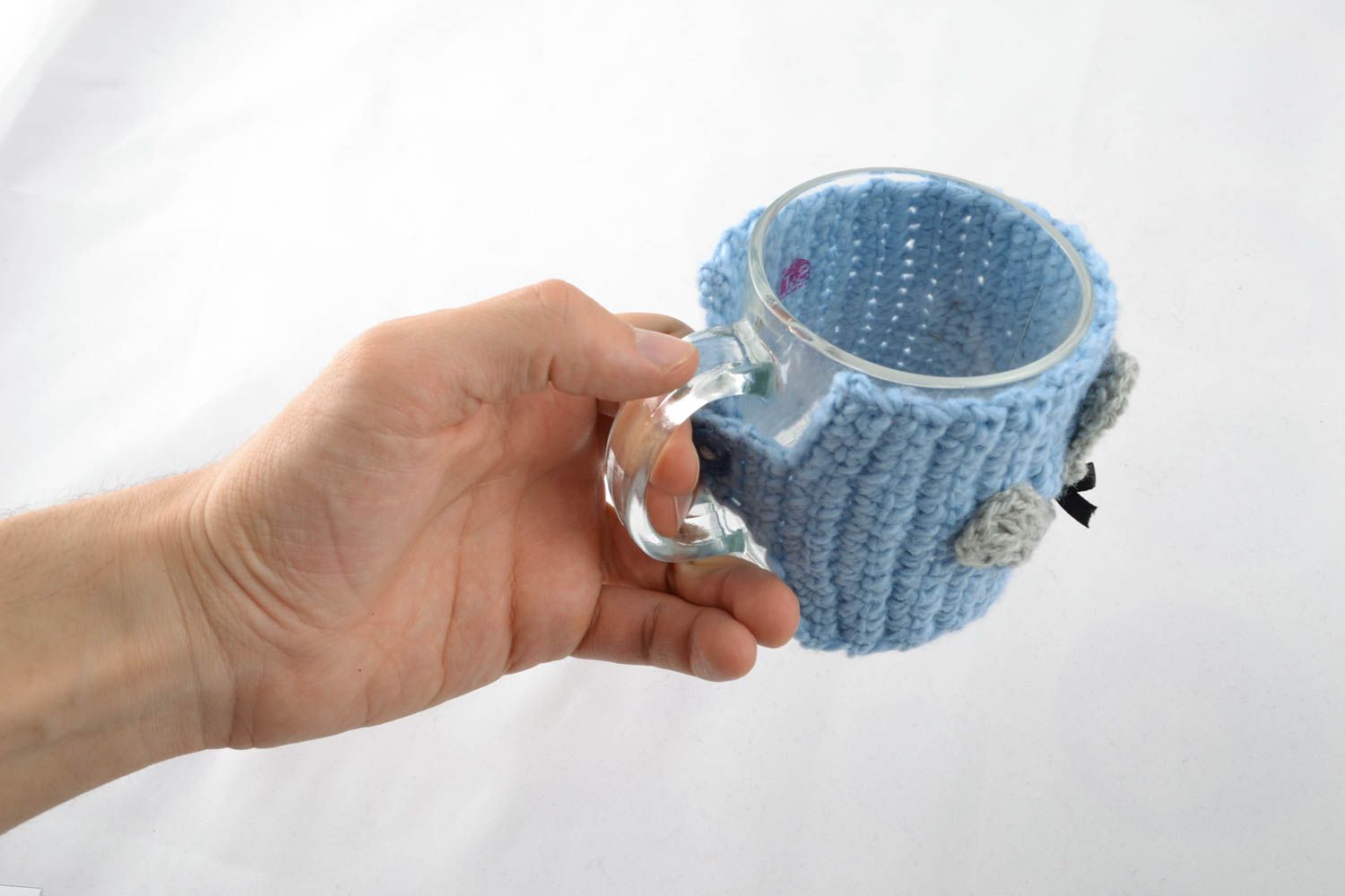 Glass cup with handle in knitter Teddy bear cover photo 4