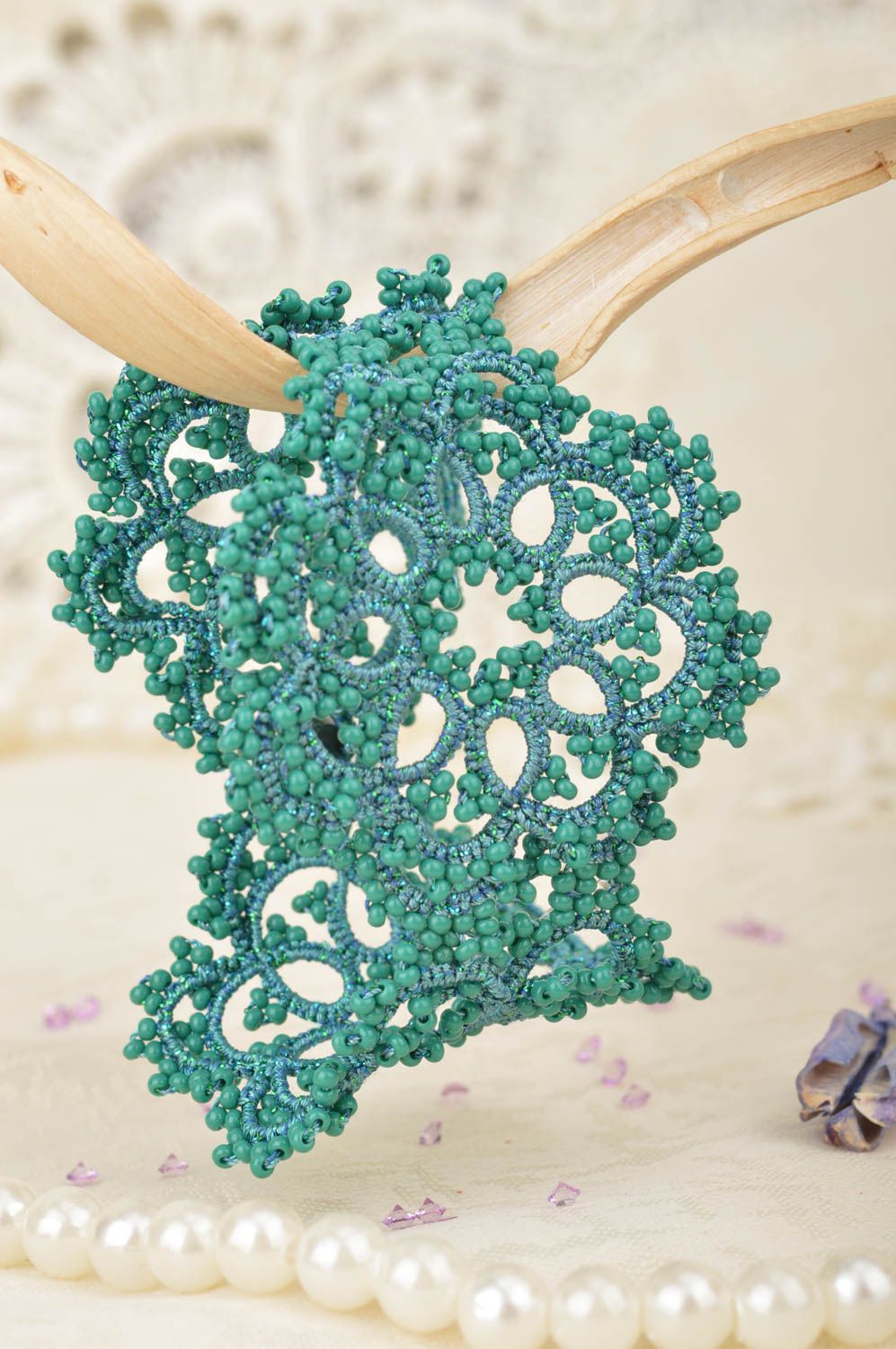 Beautiful handmade wide tatted lace bracelet of turquoise color with beads photo 3