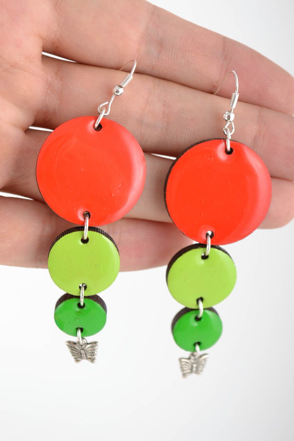 Handmade colorful long dangle wooden earrings painted coated with epoxy resin photo 2