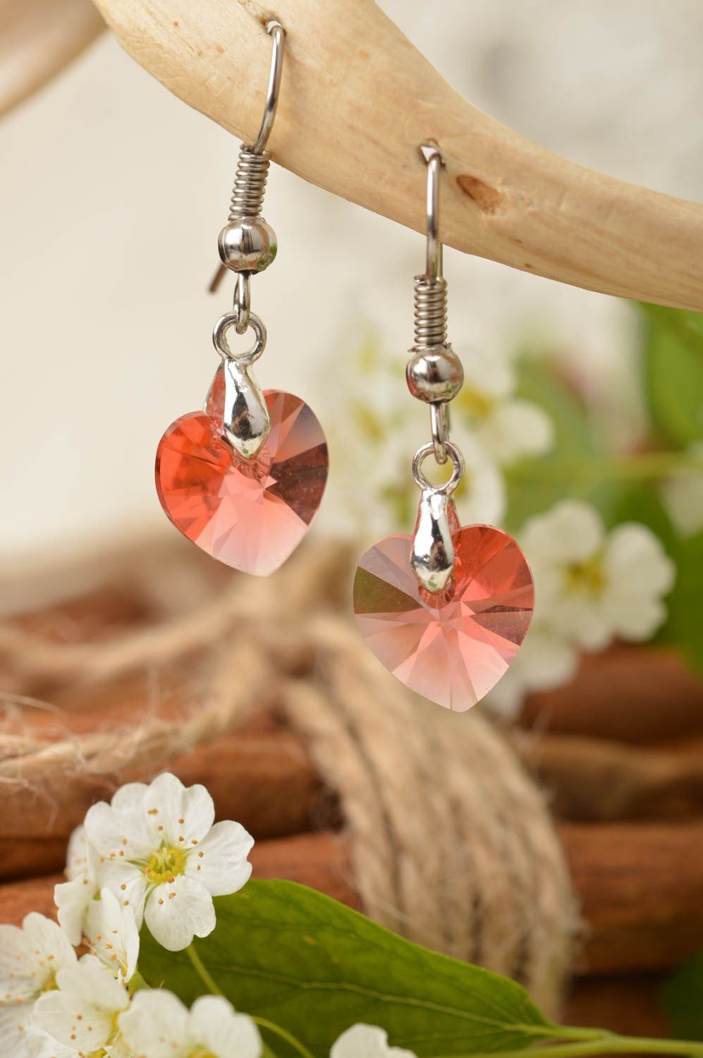 Beautiful red transparent handmade earrings with Austrian stones hearts photo 1