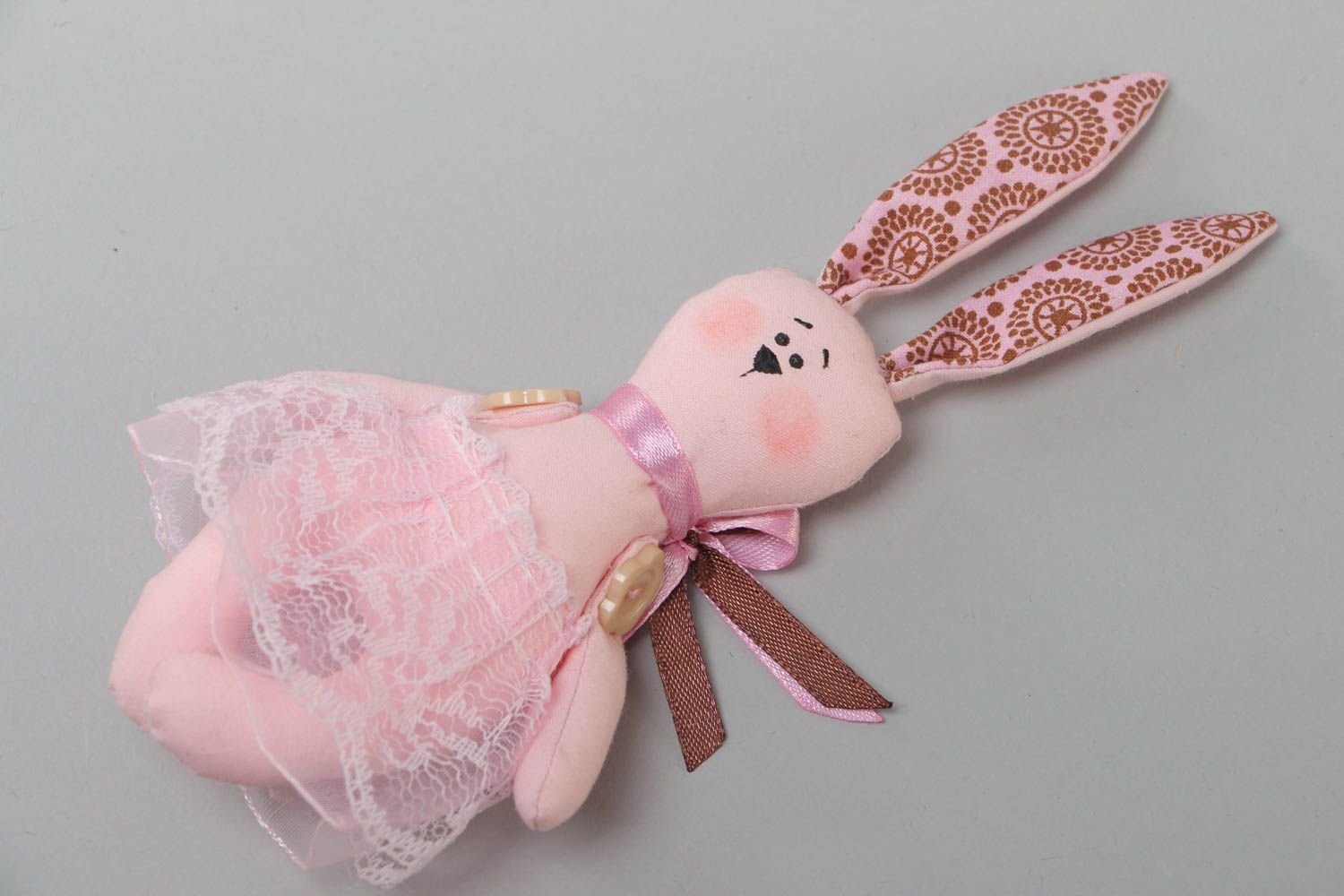 Handmade decorative pink bunny toy made of fabric present for children  photo 2