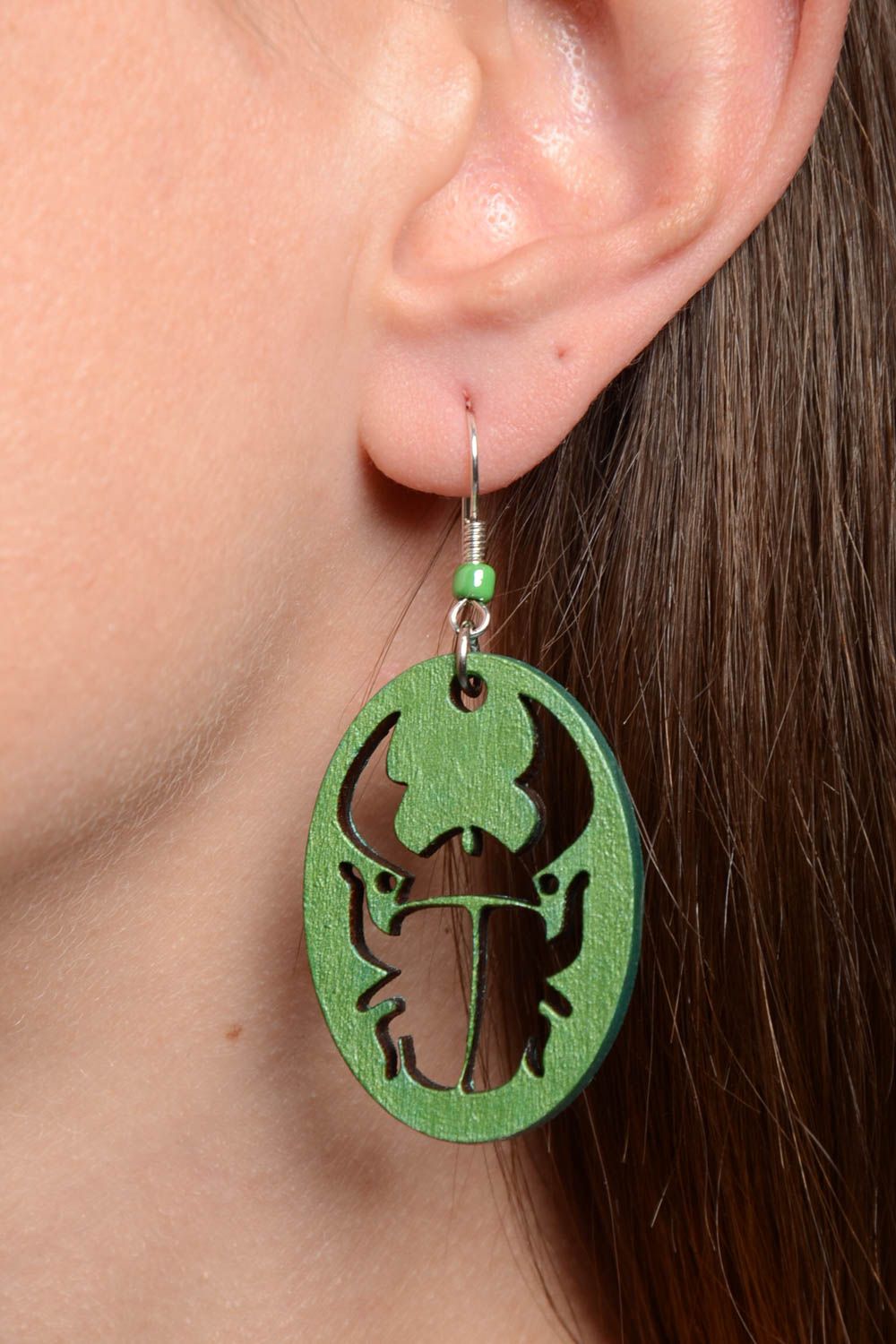 Beautiful handmade designer green plywood earrings for women Bugs photo 2