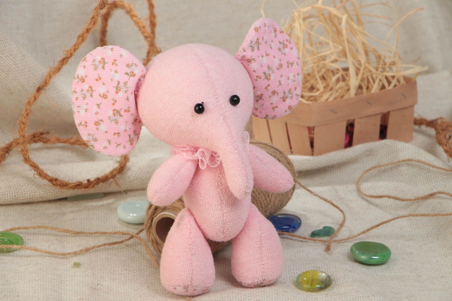 Handmade small mohair and jersey fabric soft toy pink elephant for children photo 1