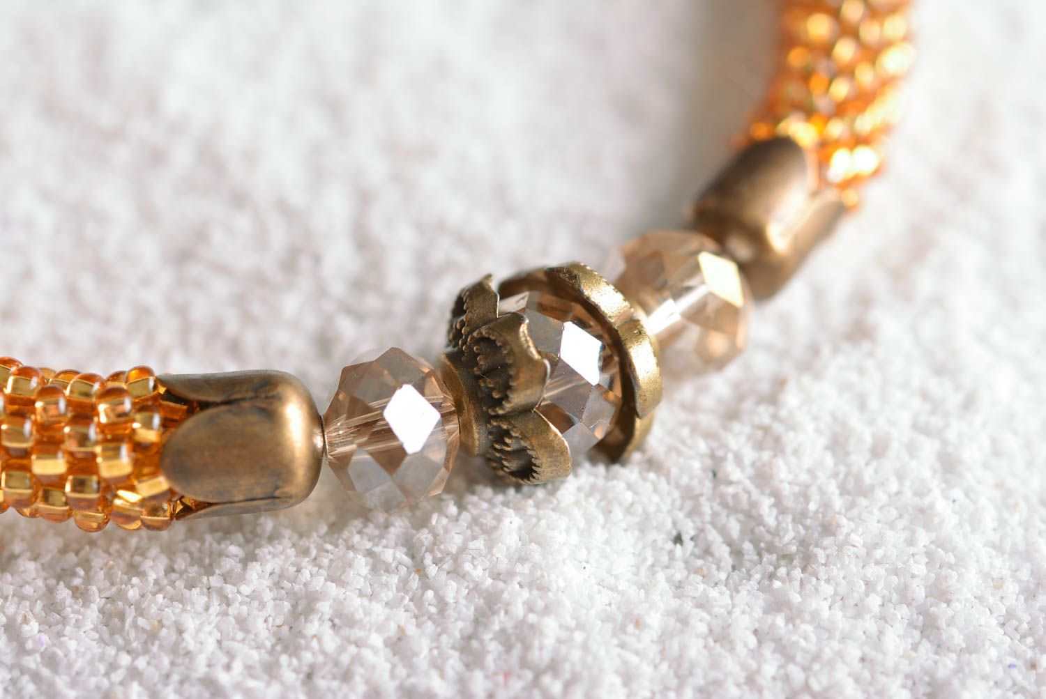 Handmade gold color beads cord bracelet with centerpiece transparent bead photo 3