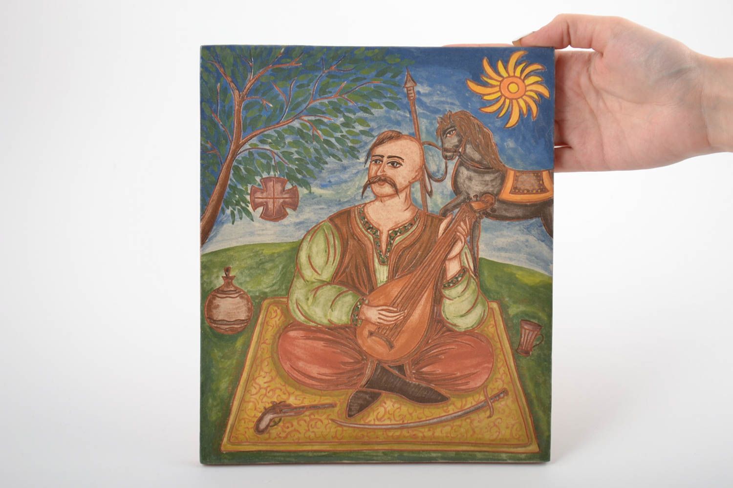 Carreau céramique rectangulaire peint décoratif original fait main Cosaque photo 2
