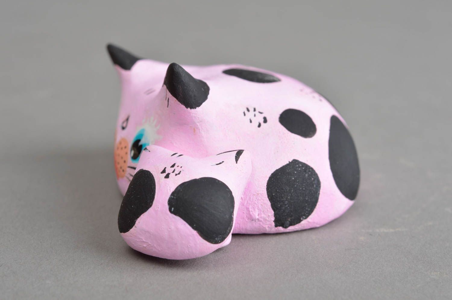 Figurine chat rose avec chaton en céramique faite main décorative petite photo 3