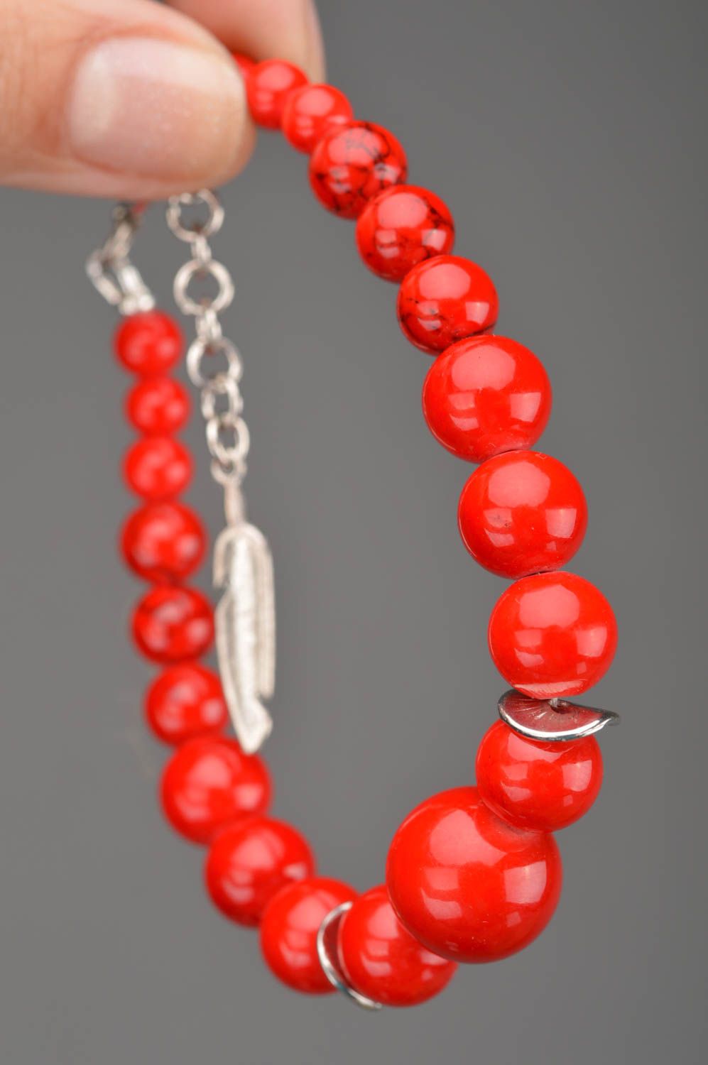 Handmade designer red bright ball charm bracelet with large beads and silver charms photo 2