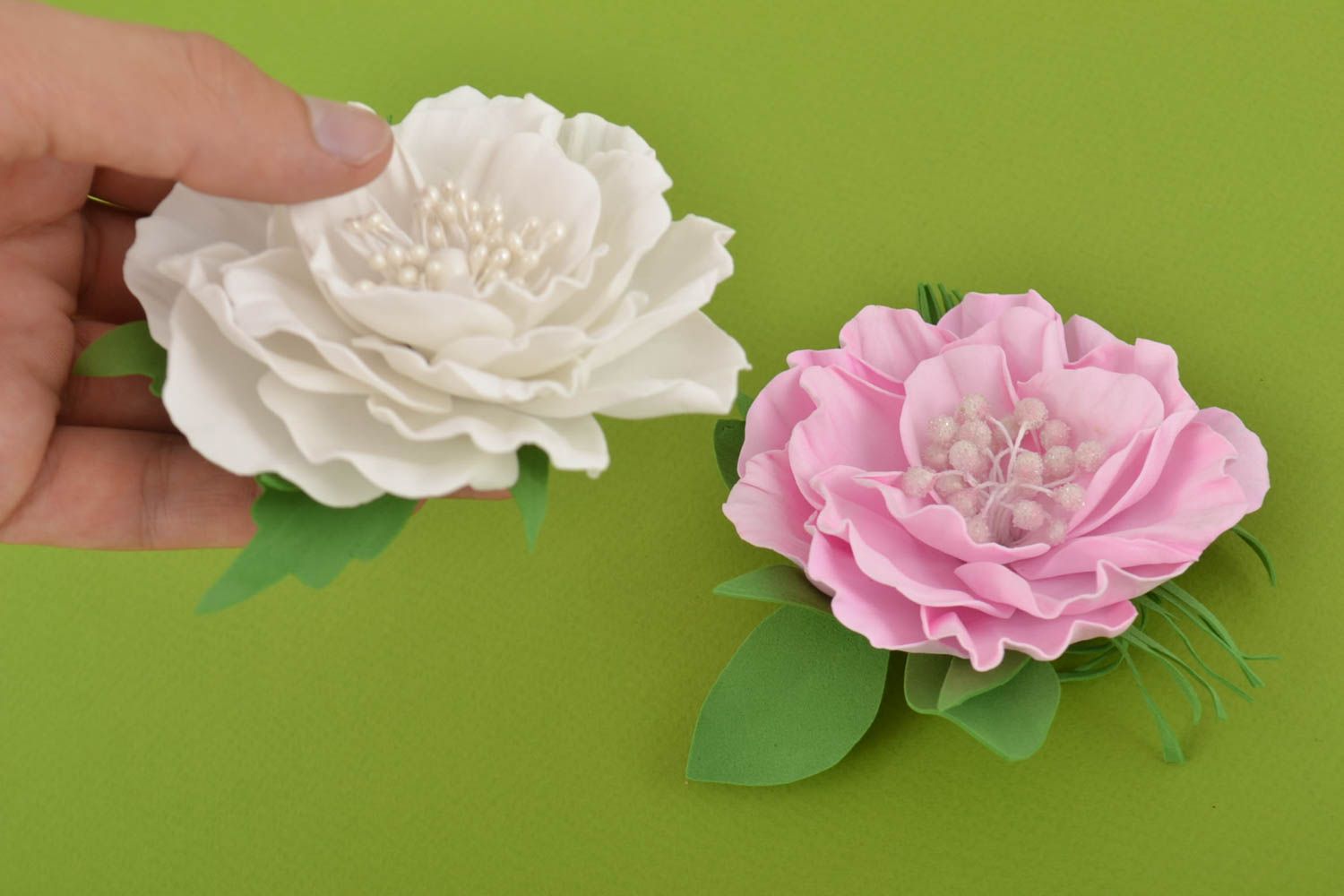 Handmade hair clip brooche in shape of flower set of 2 items made of foamiran photo 10