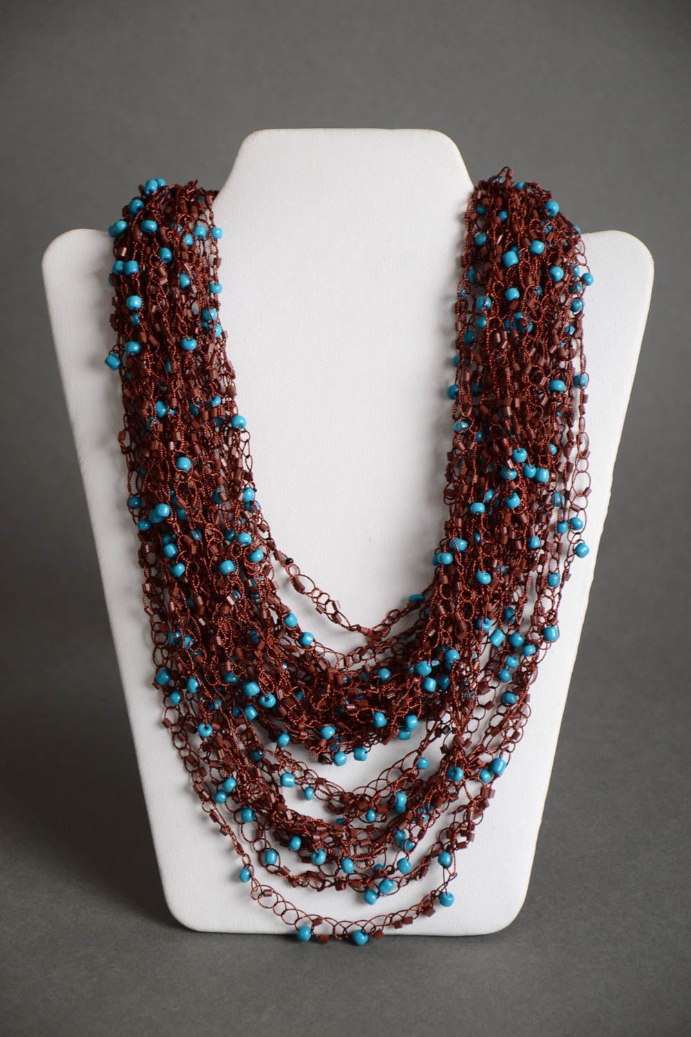 Handmade designer volume airy multi row beaded crocheted necklace blue and brown photo 2