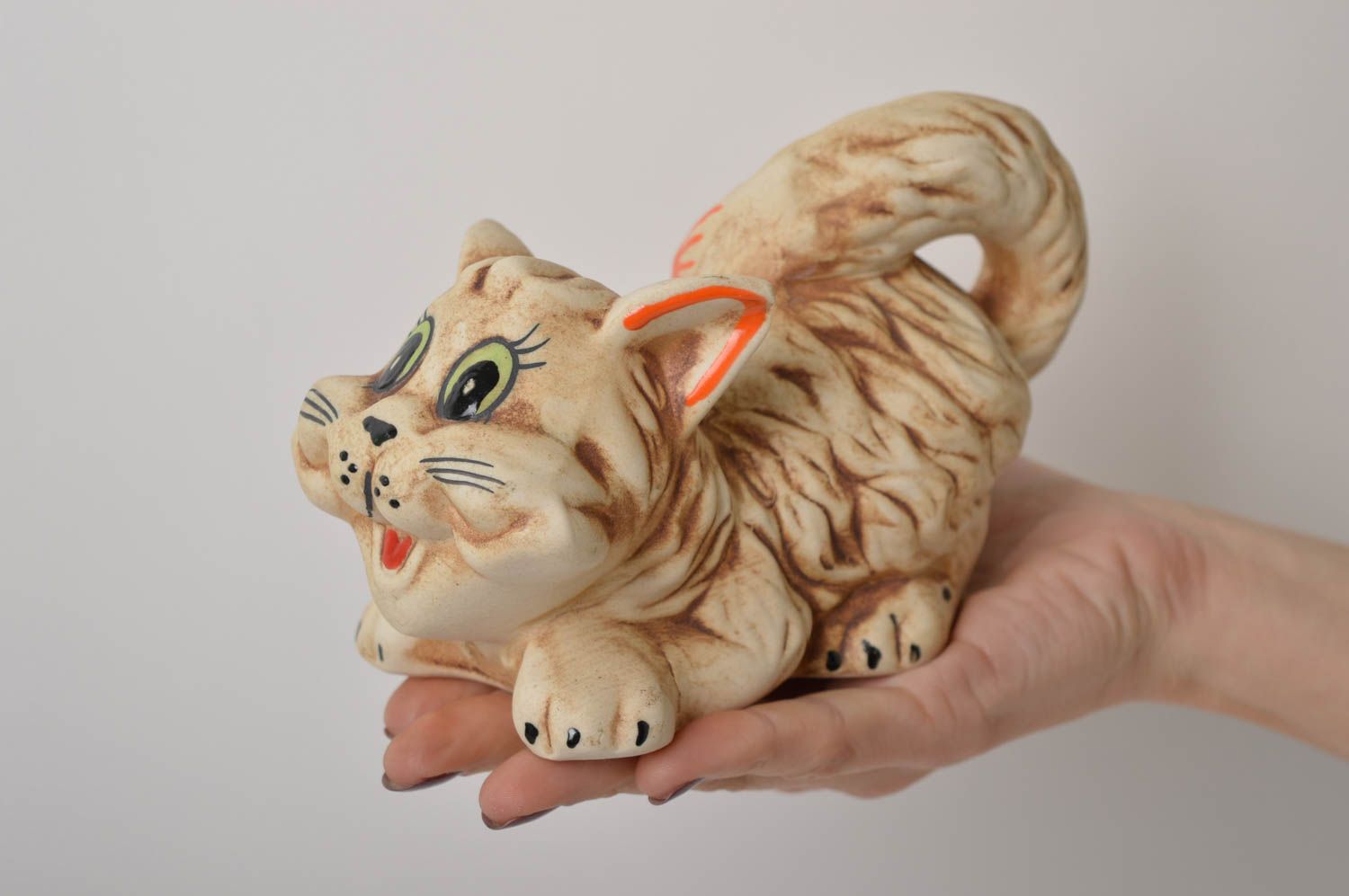 Salvadanaio fatto a mano di argilla soprammobile gatto in ceramica idea regalo foto 5