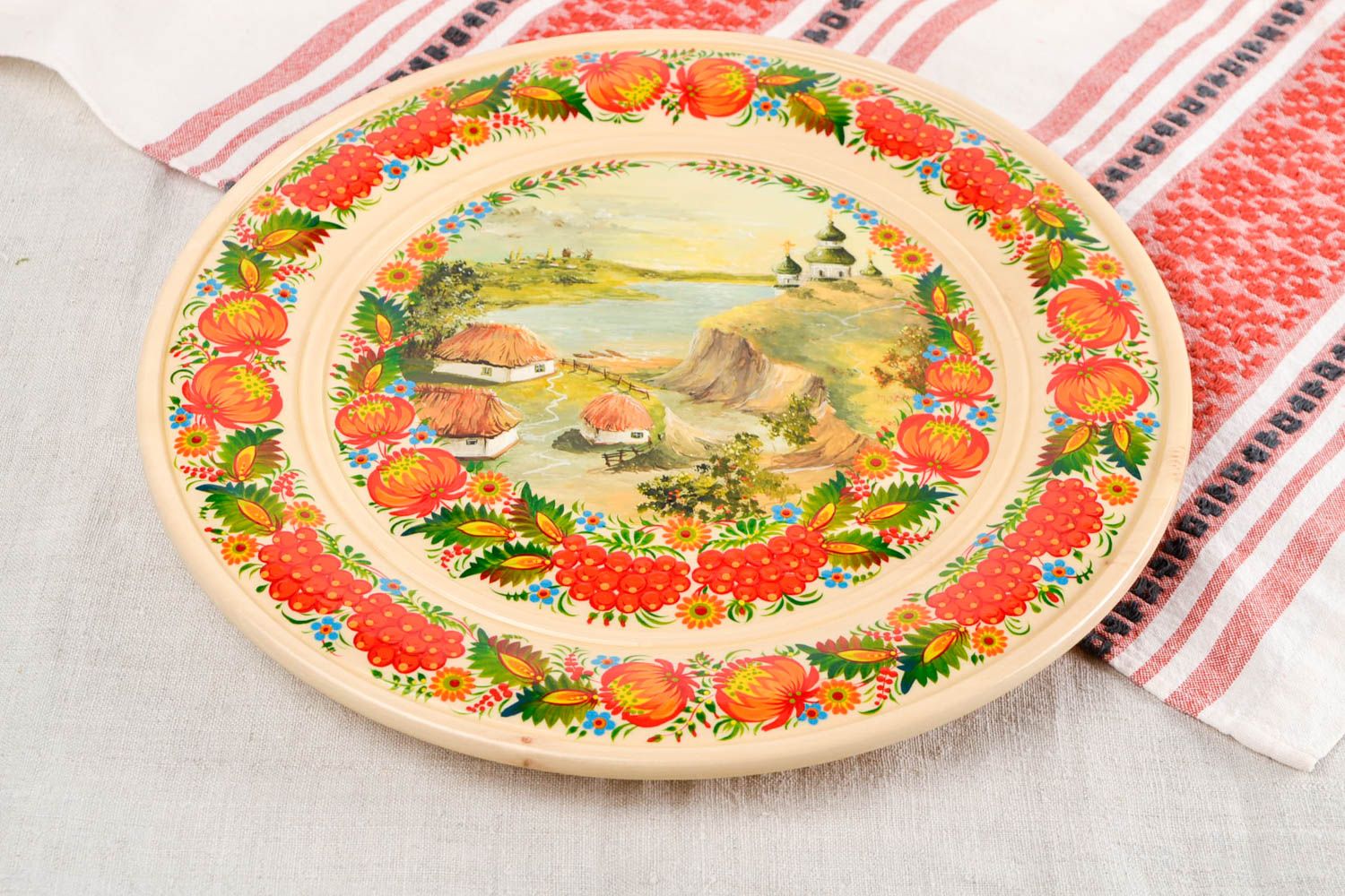 Assiette murale décorative faite main en bois ronde avec paysage Déco maison photo 1