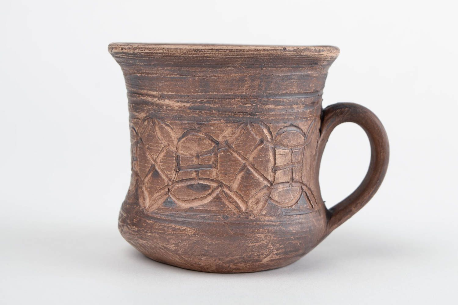8 oz dark brown ceramic cup with handle and rustic pattern photo 3