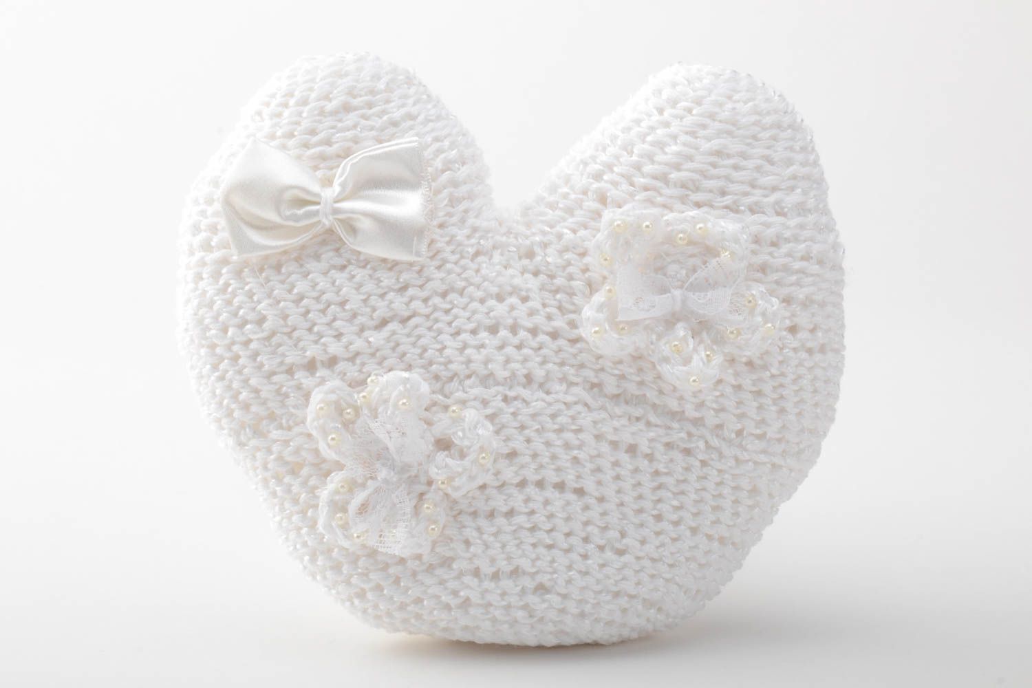 Small handmade white crochet wedding ring bearer pillow heart shaped photo 2