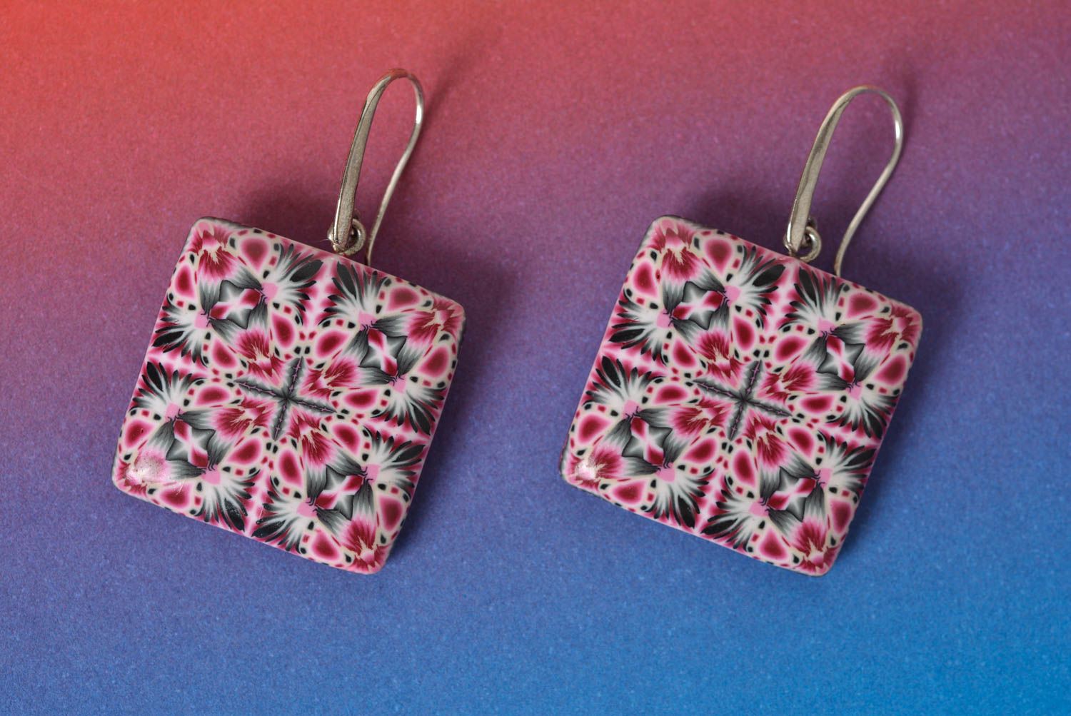 Handmade square polymer clay dangle earrings with colorful geometric ornament photo 1