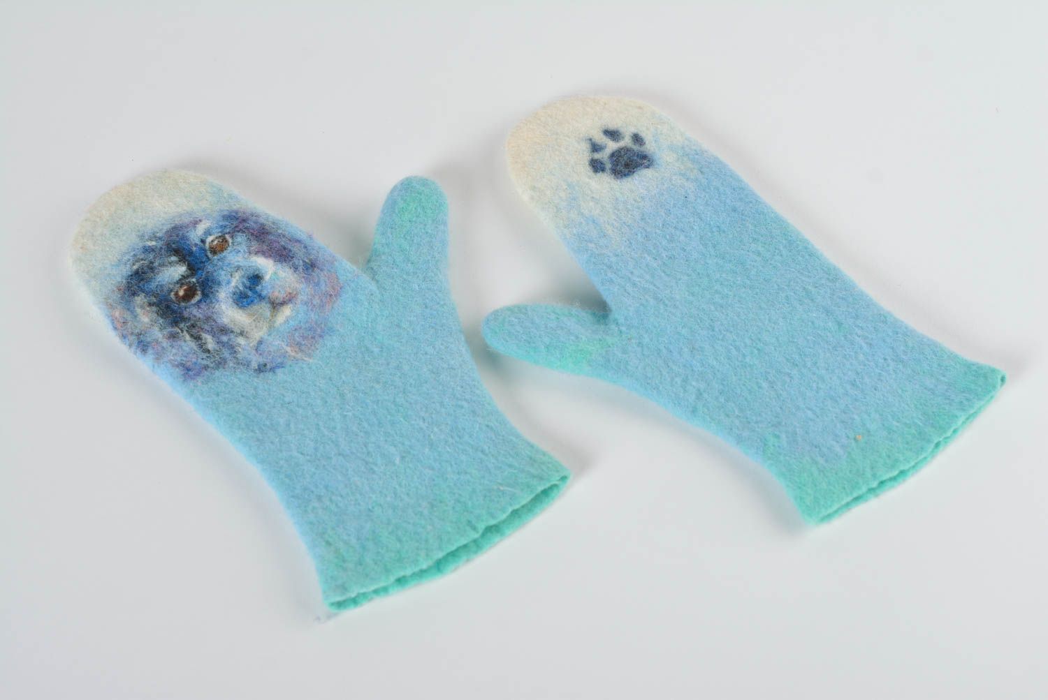 Handmade felted mittens wool knit mittens warm mittens mittens with a dog image photo 2