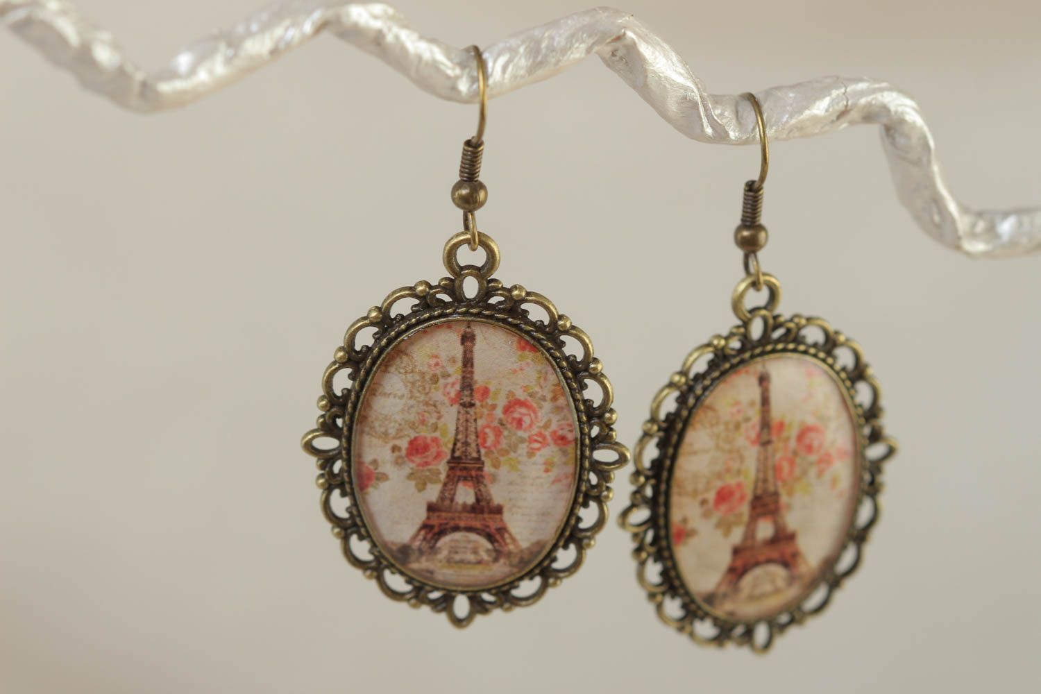 Handmade earrings made of glass glaze on the basis of openwork metal fittings photo 1