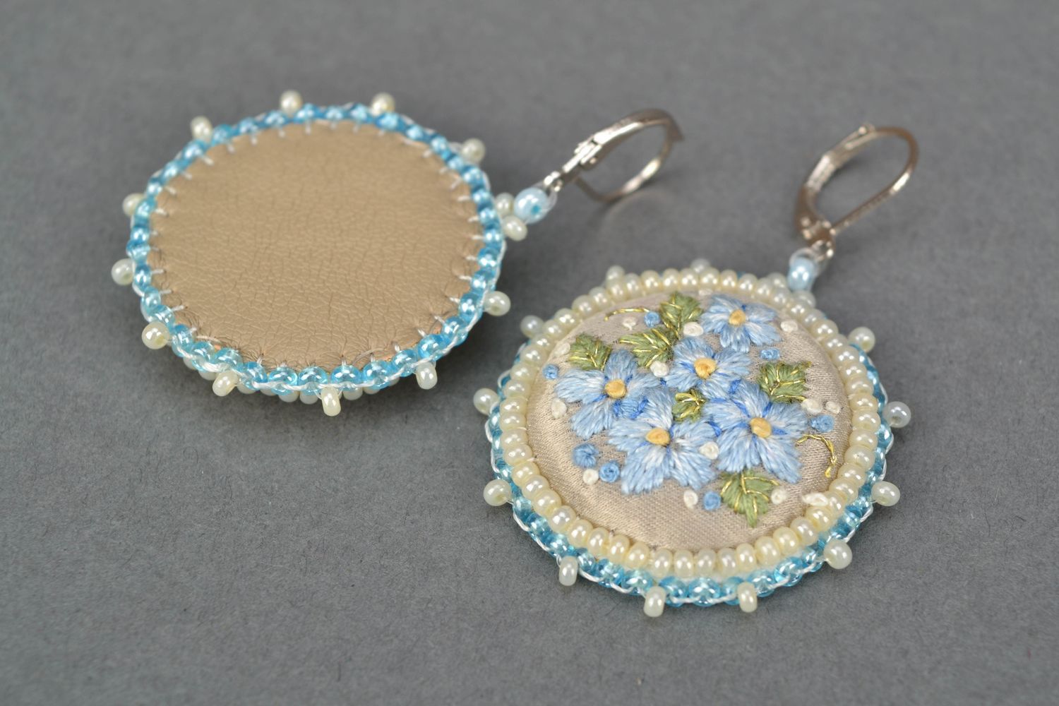 Round earrings with embroidery and seed beads photo 3
