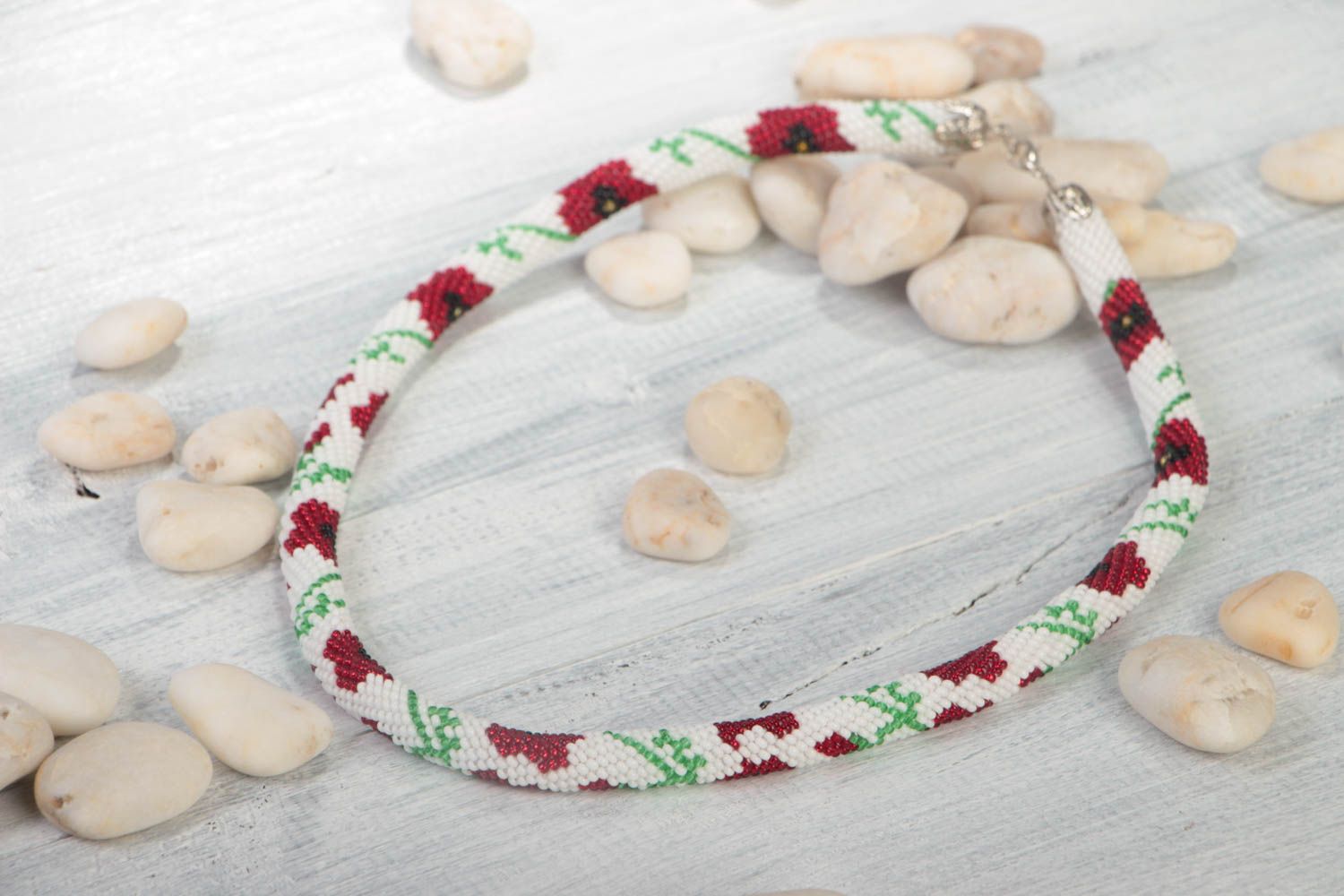 Handmade beaded cord necklace accessories with red flowers white jewelry photo 1