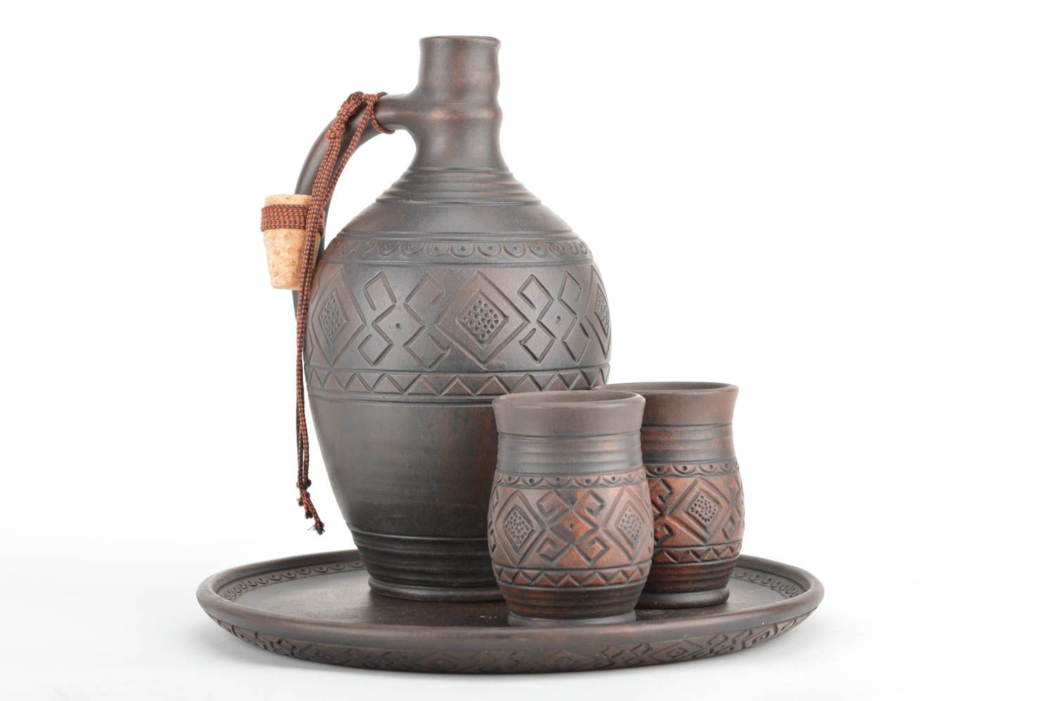 Set of handmade wine pottery in dark brown color ceramic pitcher-bottle for 66 oz and two wine 18 oz cups photo 2
