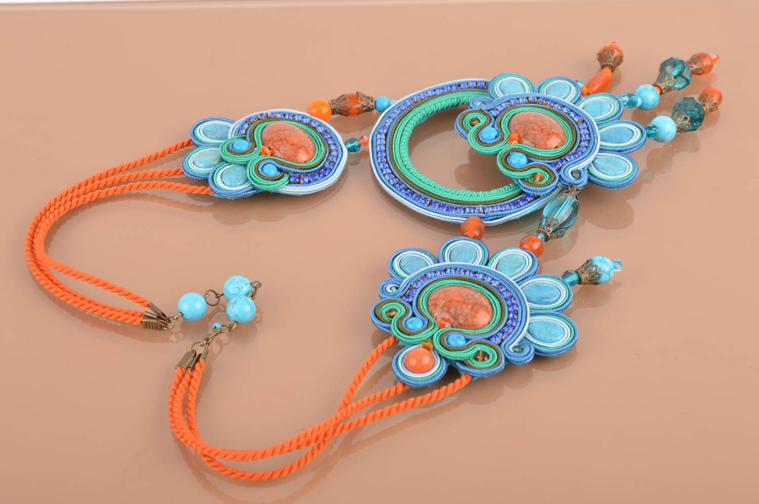 Unusual beautiful women's handmade designer soutache cord necklace with beads photo 5