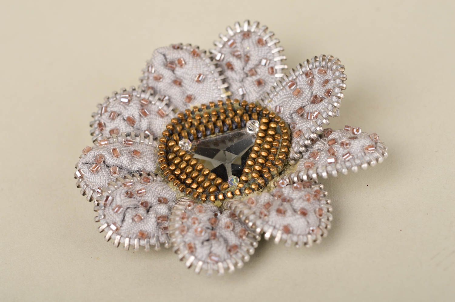 Handmade brooch flower designer accessory textile zipper brooch gift idea photo 5